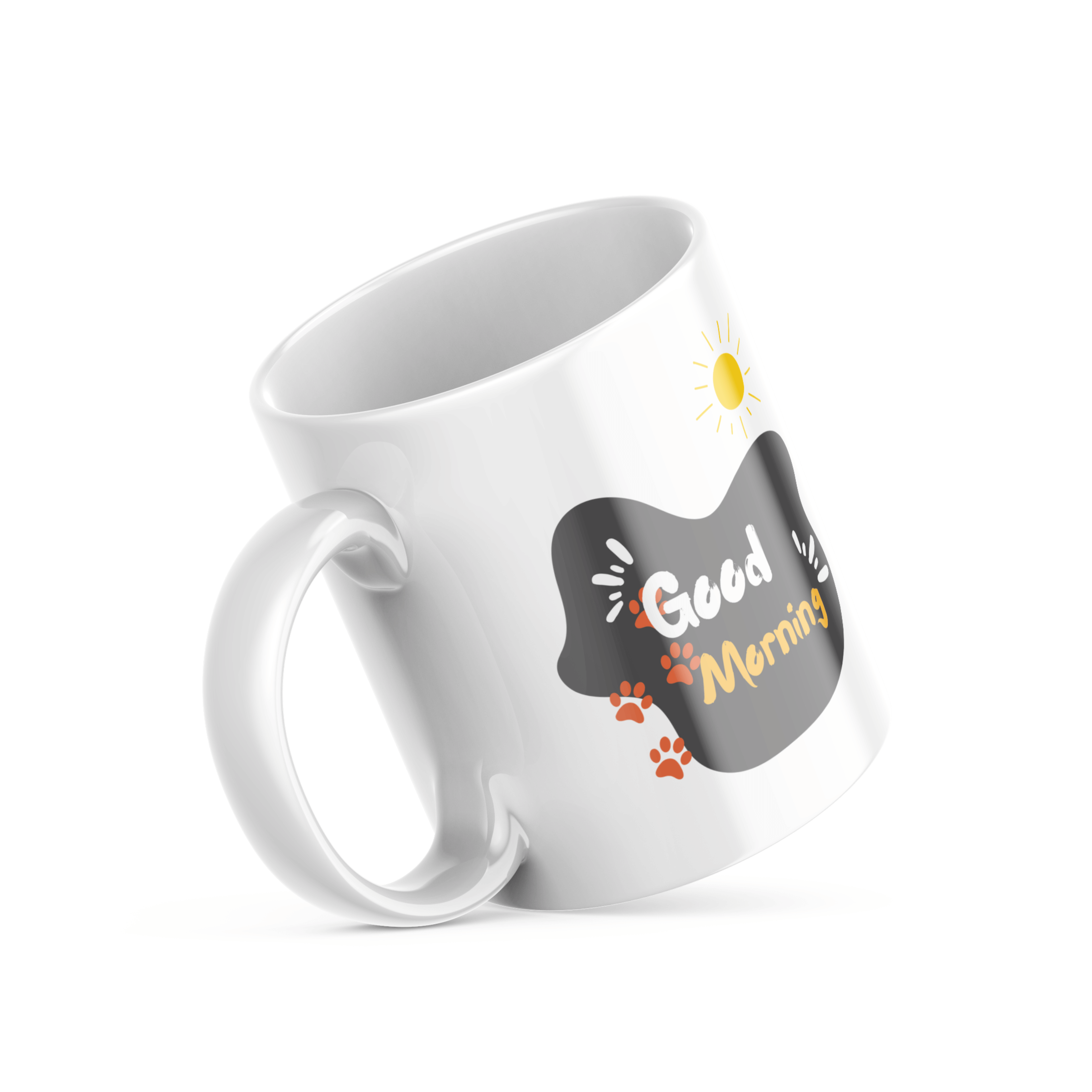 Two ceramic mugs, one with a paw print design and the other with a 'Good Morning' message, both with a white background.