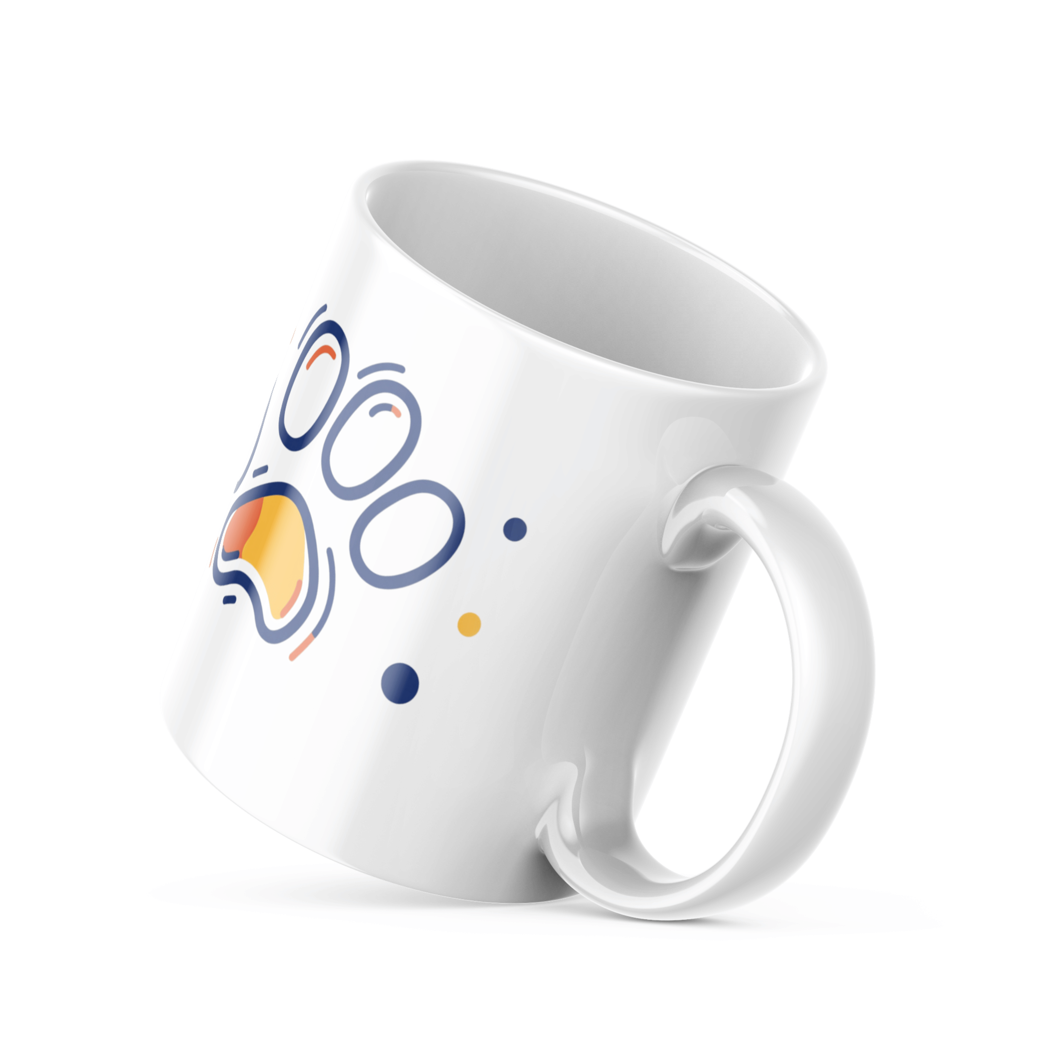 Two ceramic mugs, one with a paw print design and the other with a 'Good Morning' message, both with a white background.