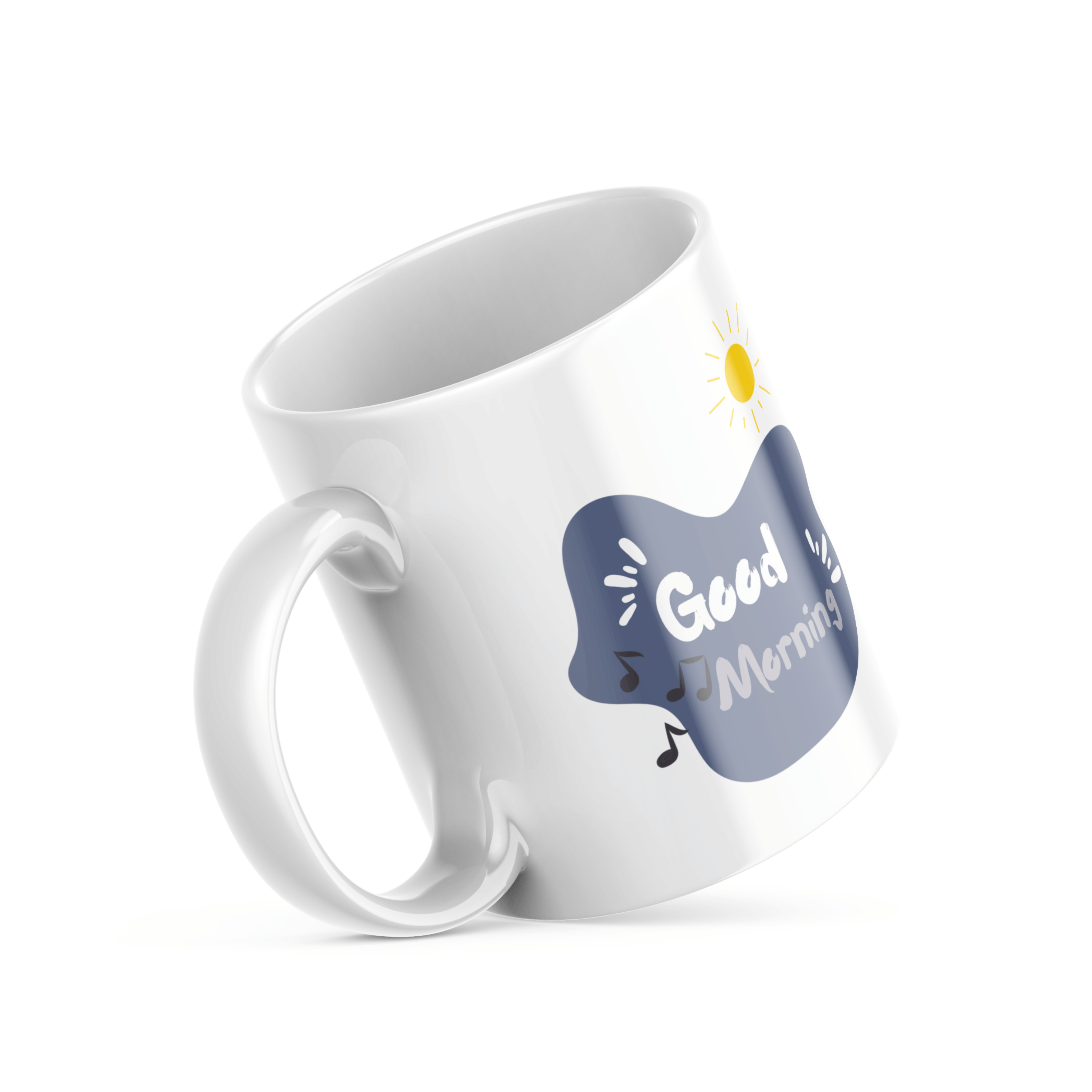 Two ceramic mugs side by side; one with a sketch of a drum kit primarily in black, white, and red, and the other with a 'Good Morning' message in a blue cloud, featuring a sun icon and musical notes.