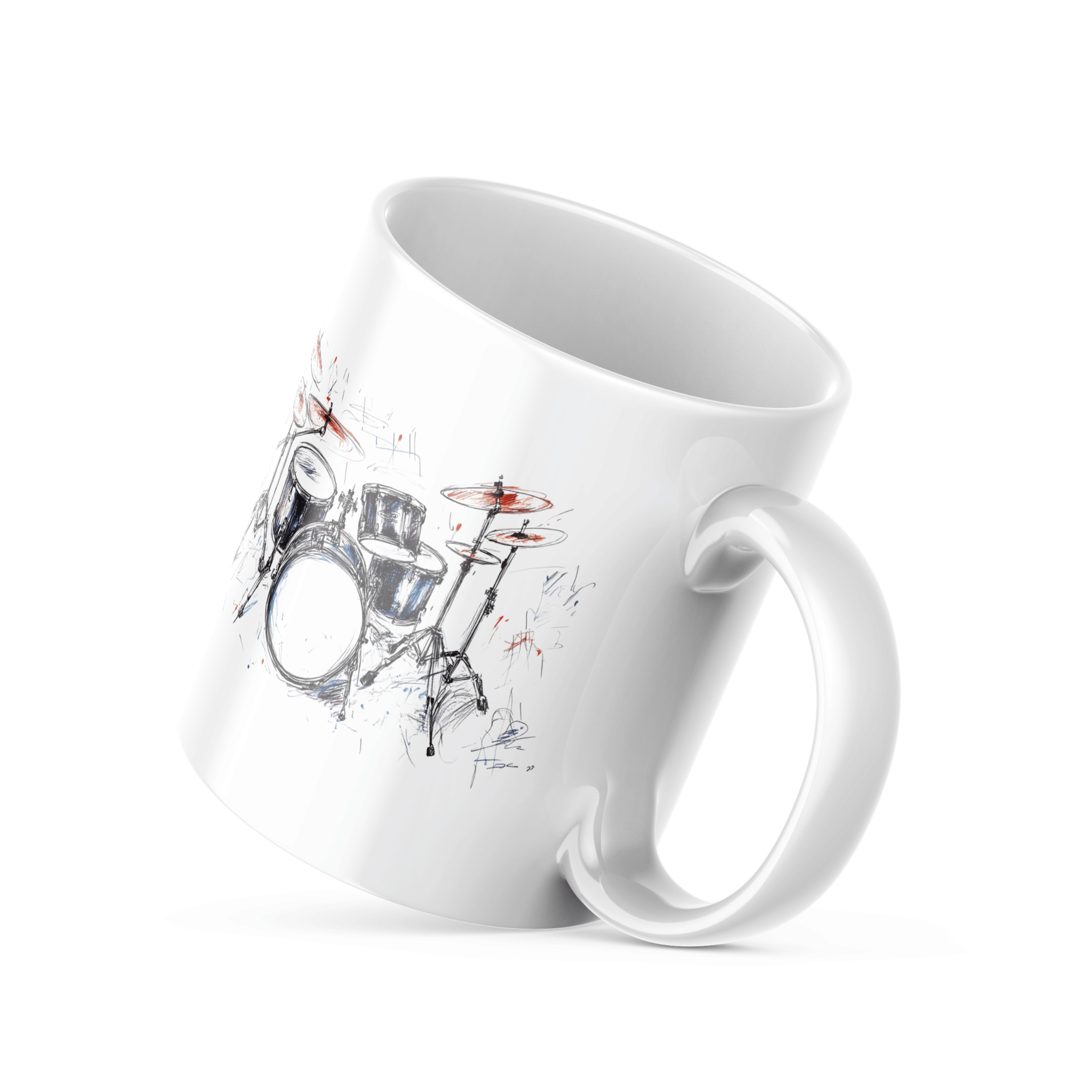 Two ceramic mugs side by side; one with a sketch of a drum kit primarily in black, white, and red, and the other with a 'Good Morning' message in a blue cloud, featuring a sun icon and musical notes.