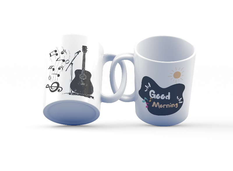 Two ceramic mugs, one with a guitar design and the other with a 'Good Morning' message, both featuring white backgrounds and musical notes.