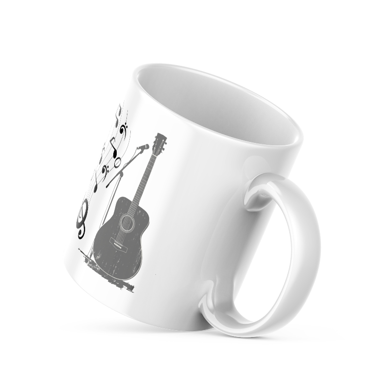 Two ceramic mugs, one with a guitar design and the other with a 'Good Morning' message, both featuring white backgrounds and musical notes.