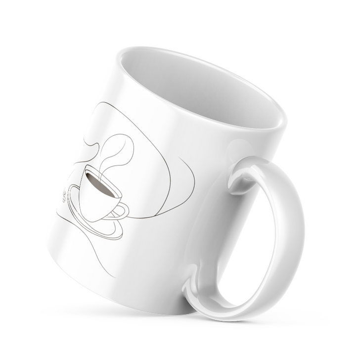 Two ceramic coffee mugs with double-sided designs. One mug features a coffee line art illustration with the text 'Good Morning' and the other has a sun and rain design with the text 'Good Mornin'g'.