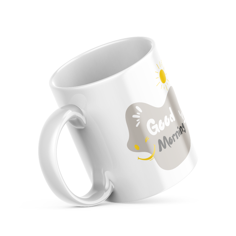 Two ceramic coffee mugs with double-sided designs. One mug features a coffee line art illustration with the text 'Good Morning' and the other has a sun and rain design with the text 'Good Mornin'g'.