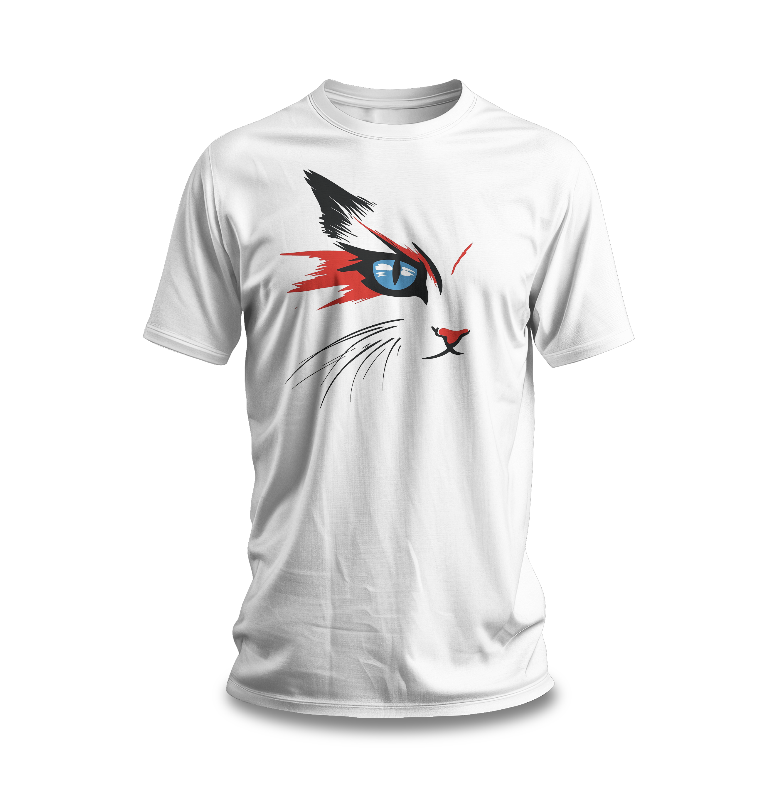 White cotton tee with a bold and artistic design of a cat's face featuring vibrant red, black, and blue colors.