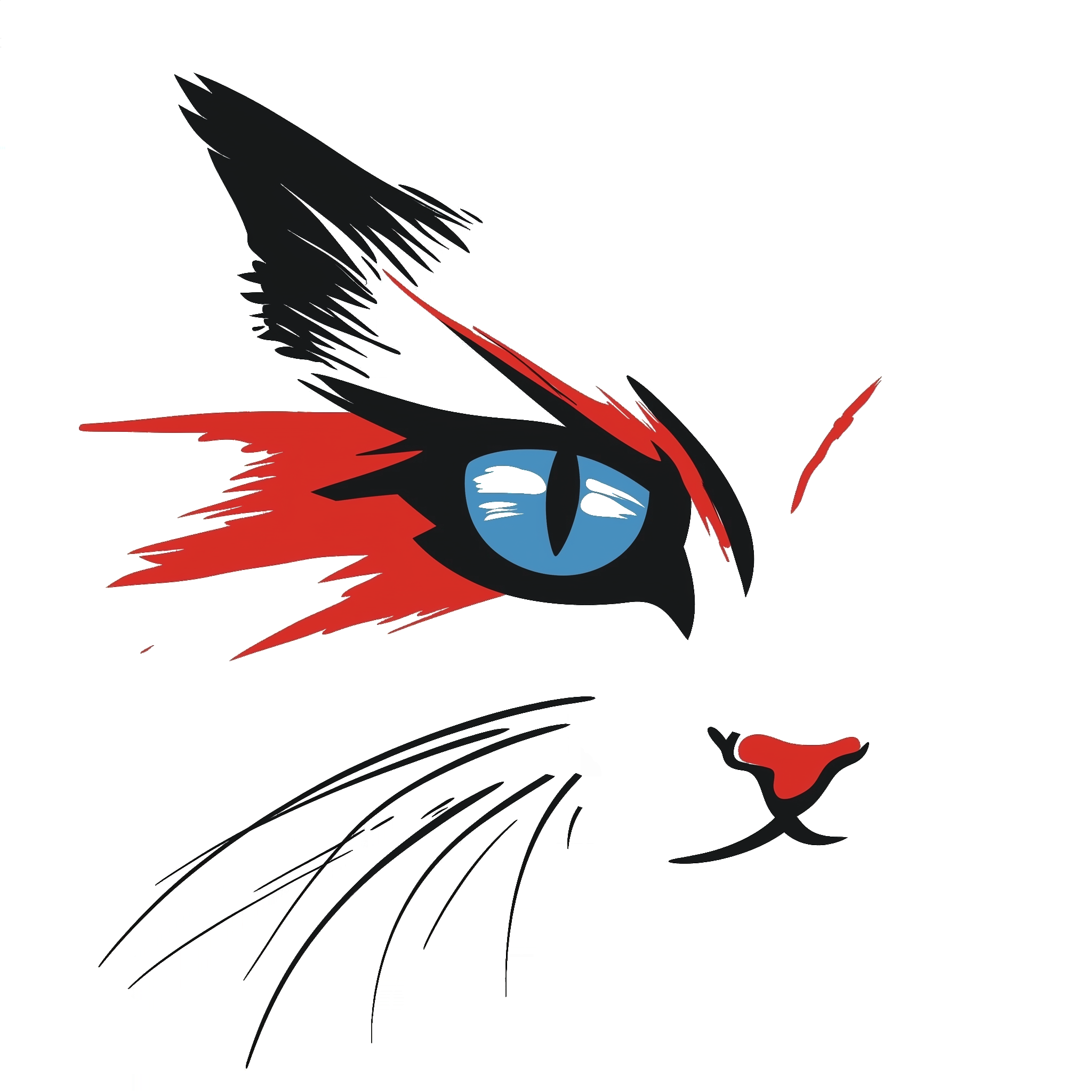 White cotton tee with a bold and artistic design of a cat's face featuring vibrant red, black, and blue colors.