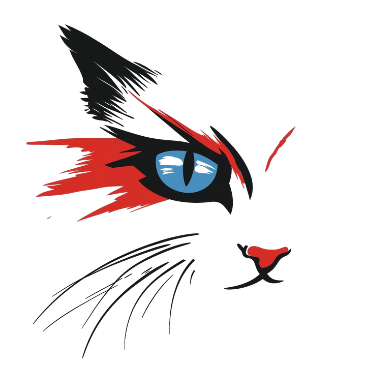 White cotton tee with a bold and artistic design of a cat's face featuring vibrant red, black, and blue colors.