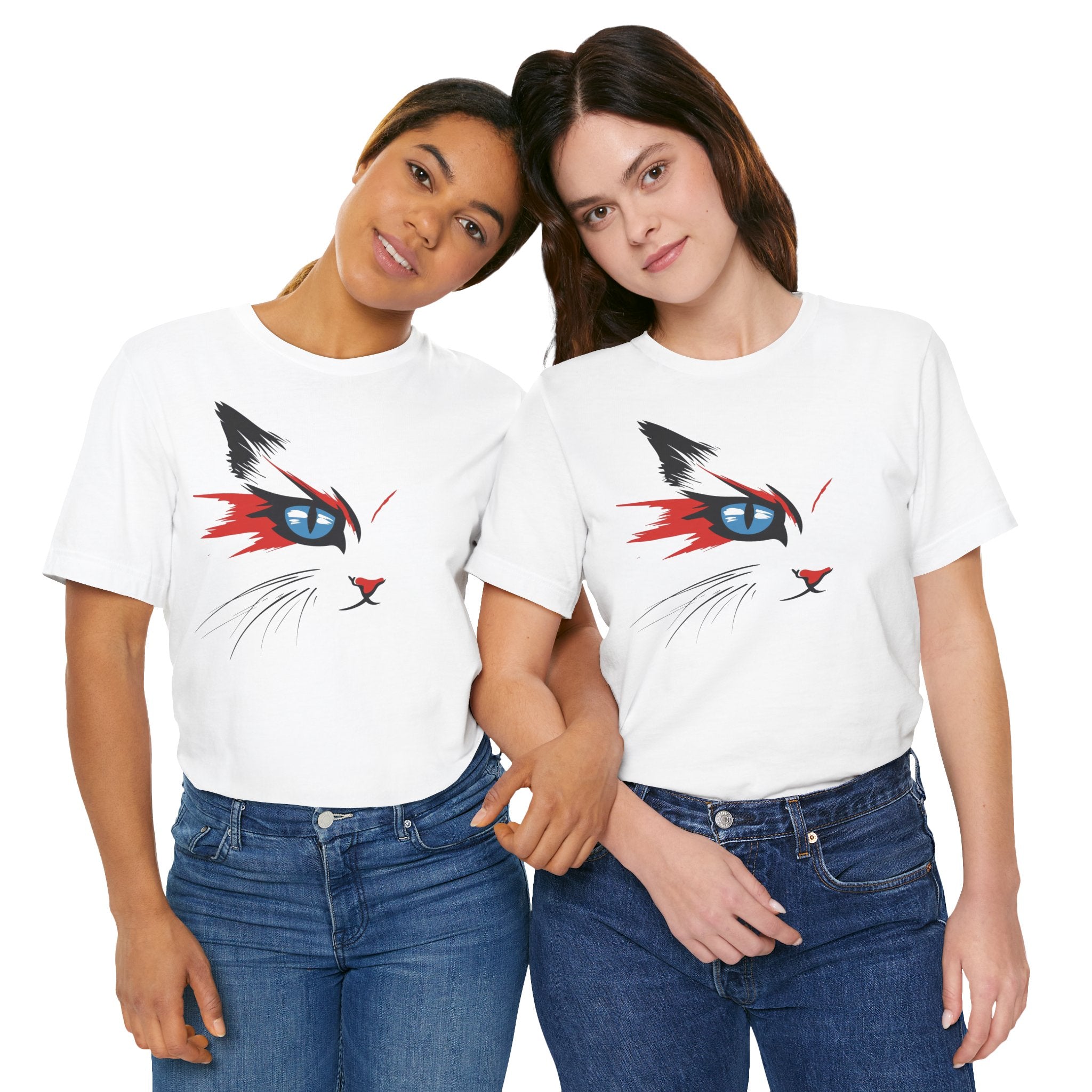 White cotton tee with a bold and artistic design of a cat's face featuring vibrant red, black, and blue colors.