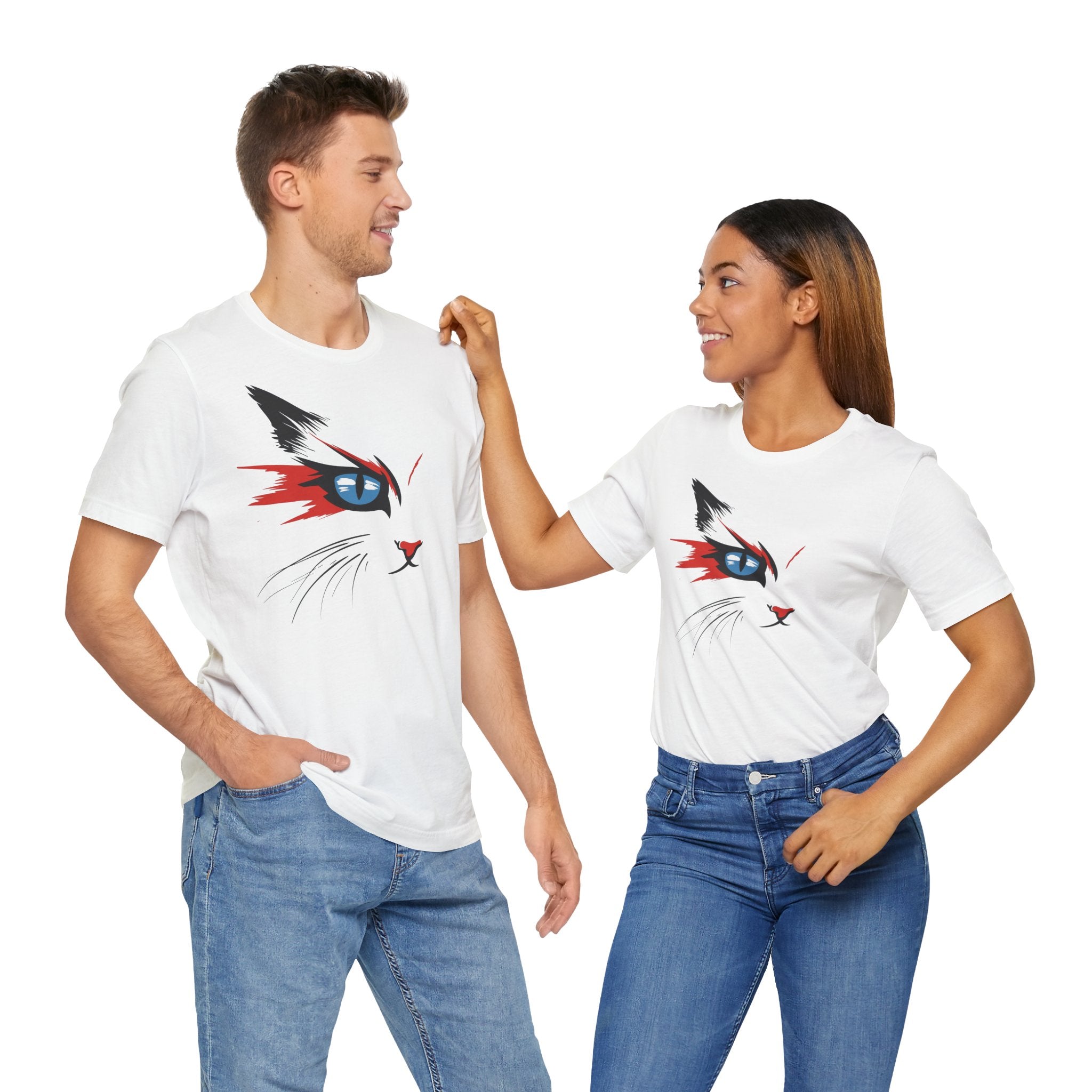 White cotton tee with a bold and artistic design of a cat's face featuring vibrant red, black, and blue colors.
