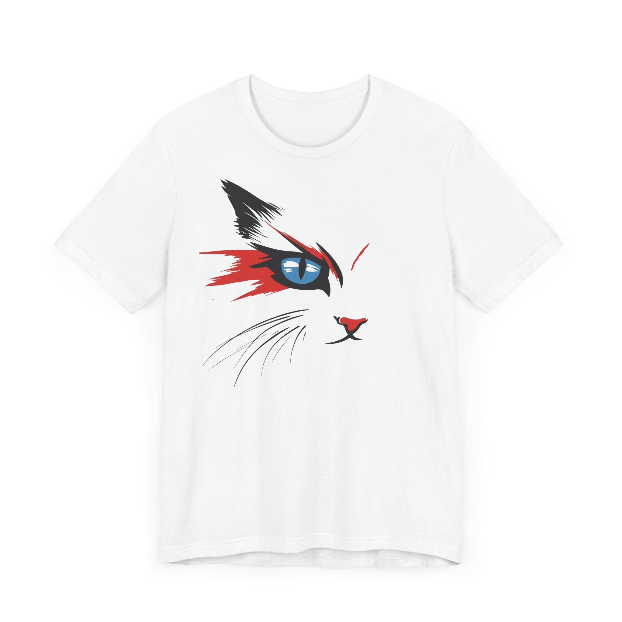 White cotton tee with a bold and artistic design of a cat's face featuring vibrant red, black, and blue colors.