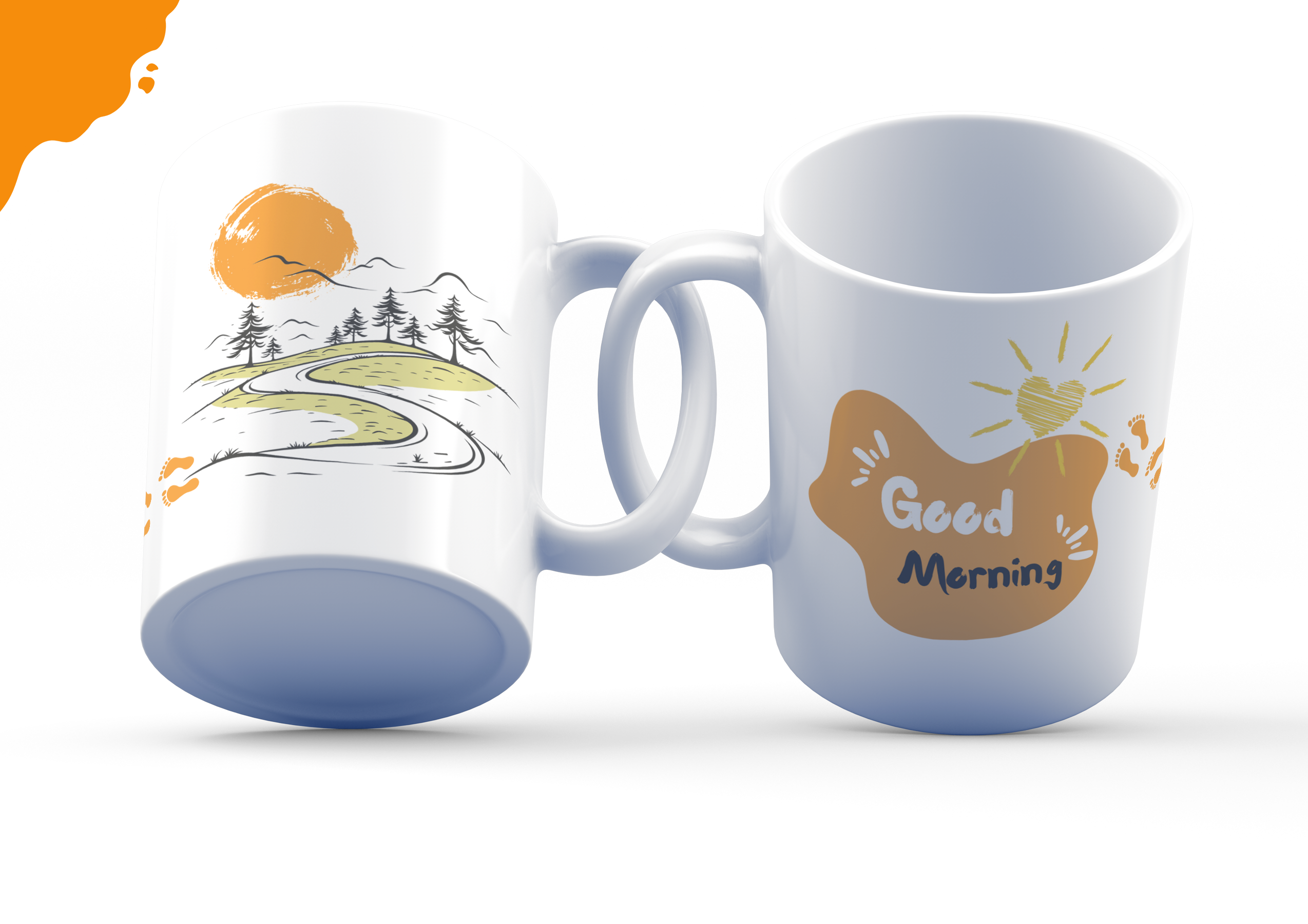 An 11 oz ceramic mug with a scenic sunrise, winding road, and forest silhouette design, featuring a heart-shaped sun and 'Good Morning' text. The mug is displayed in two angles, one showing the handle and the other showcasing the front design.