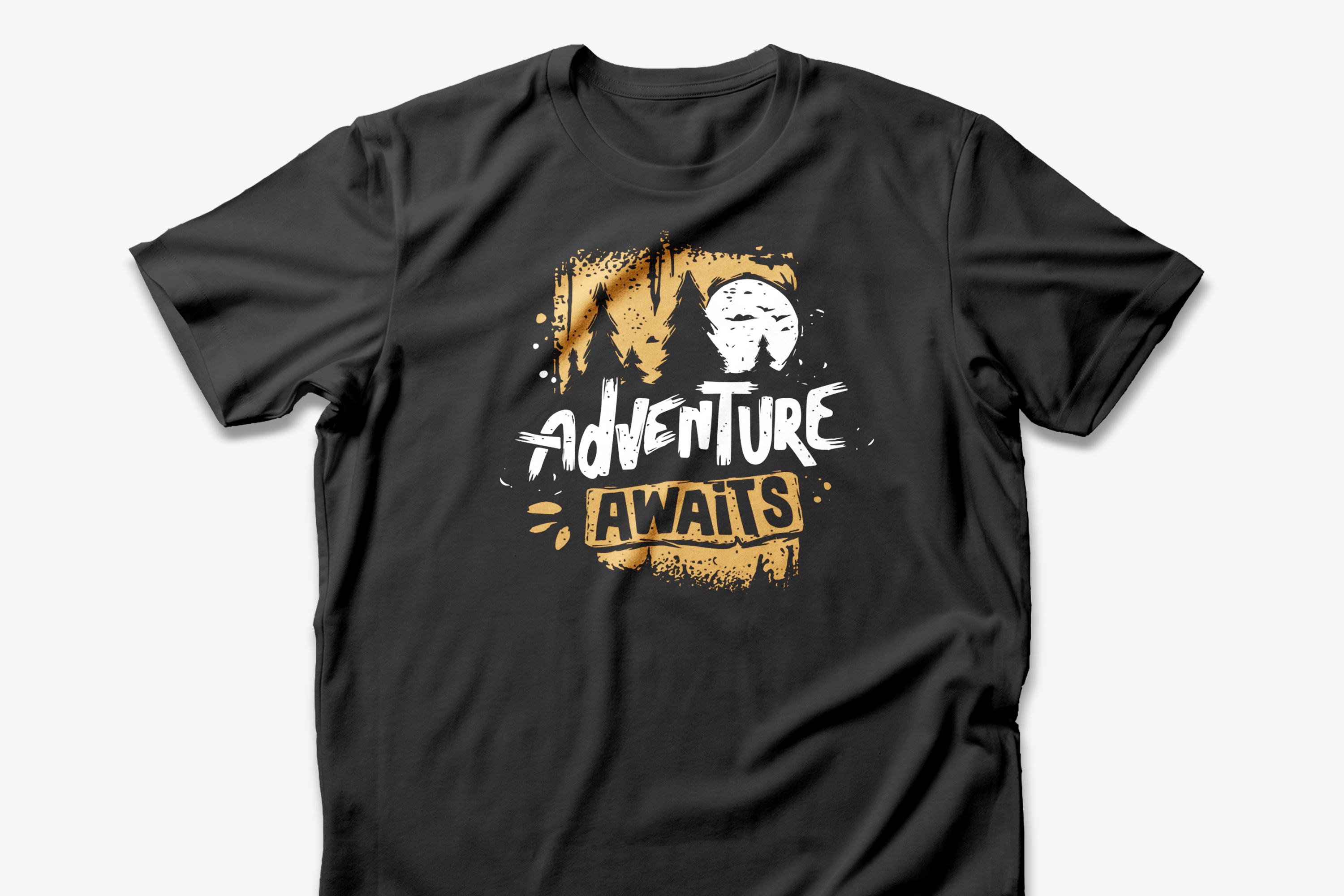Black t-shirt with 'Adventure Awaits' graphic design on a white background