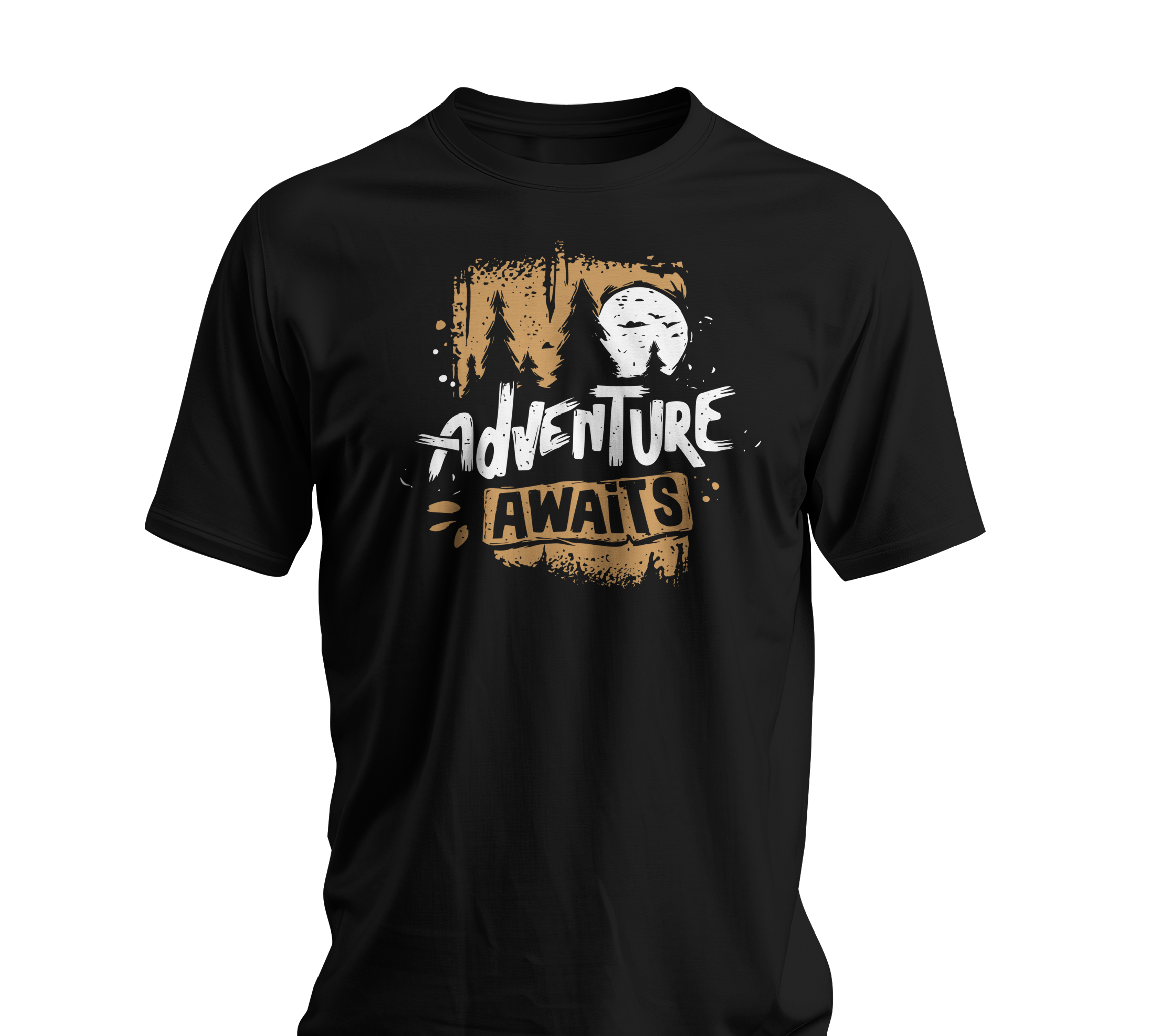 Black t-shirt with 'Adventure Awaits' graphic design on a white background