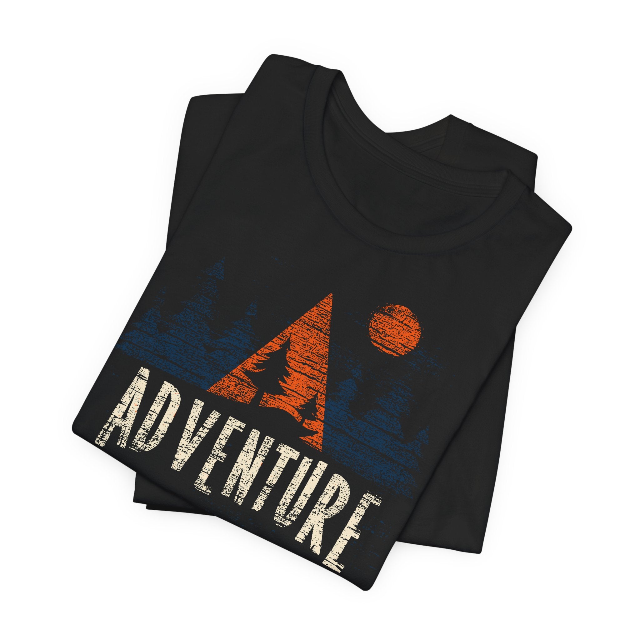 Black t-shirt with 'Adventure' graphic design on a white background
