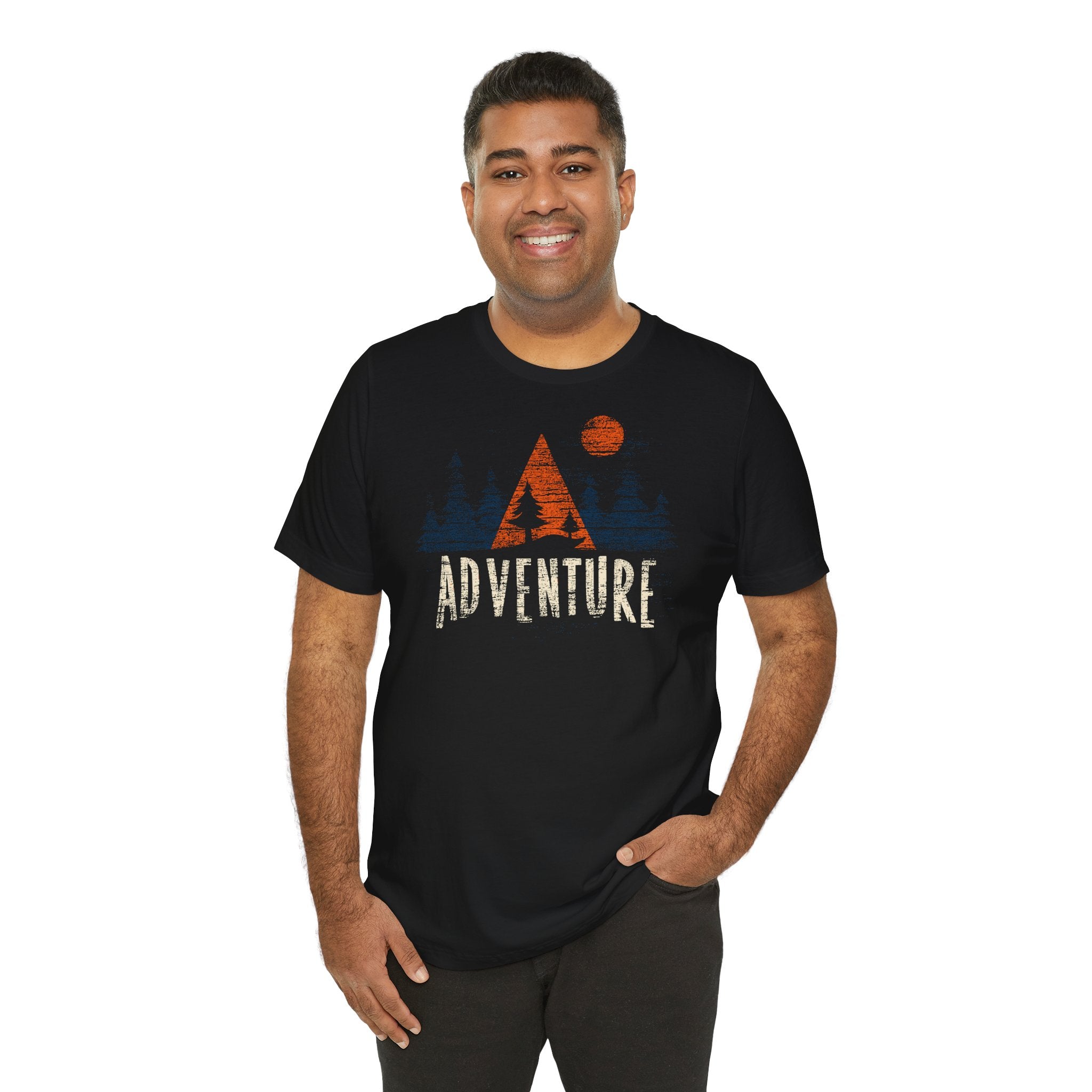 Man wearing a black t-shirt with 'Adventure' graphic design on a white background