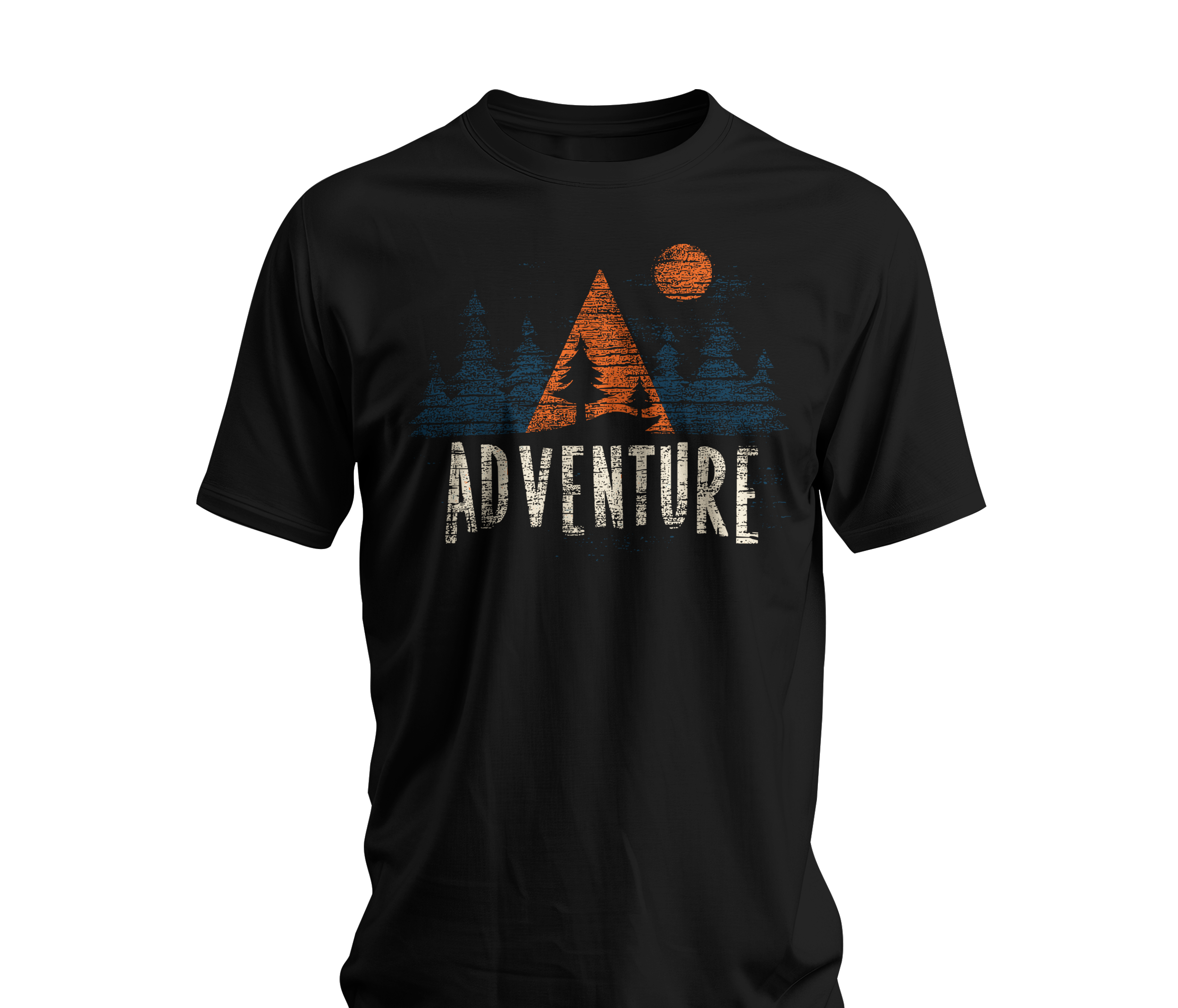 Black t-shirt with 'Adventure' graphic design on a white background
