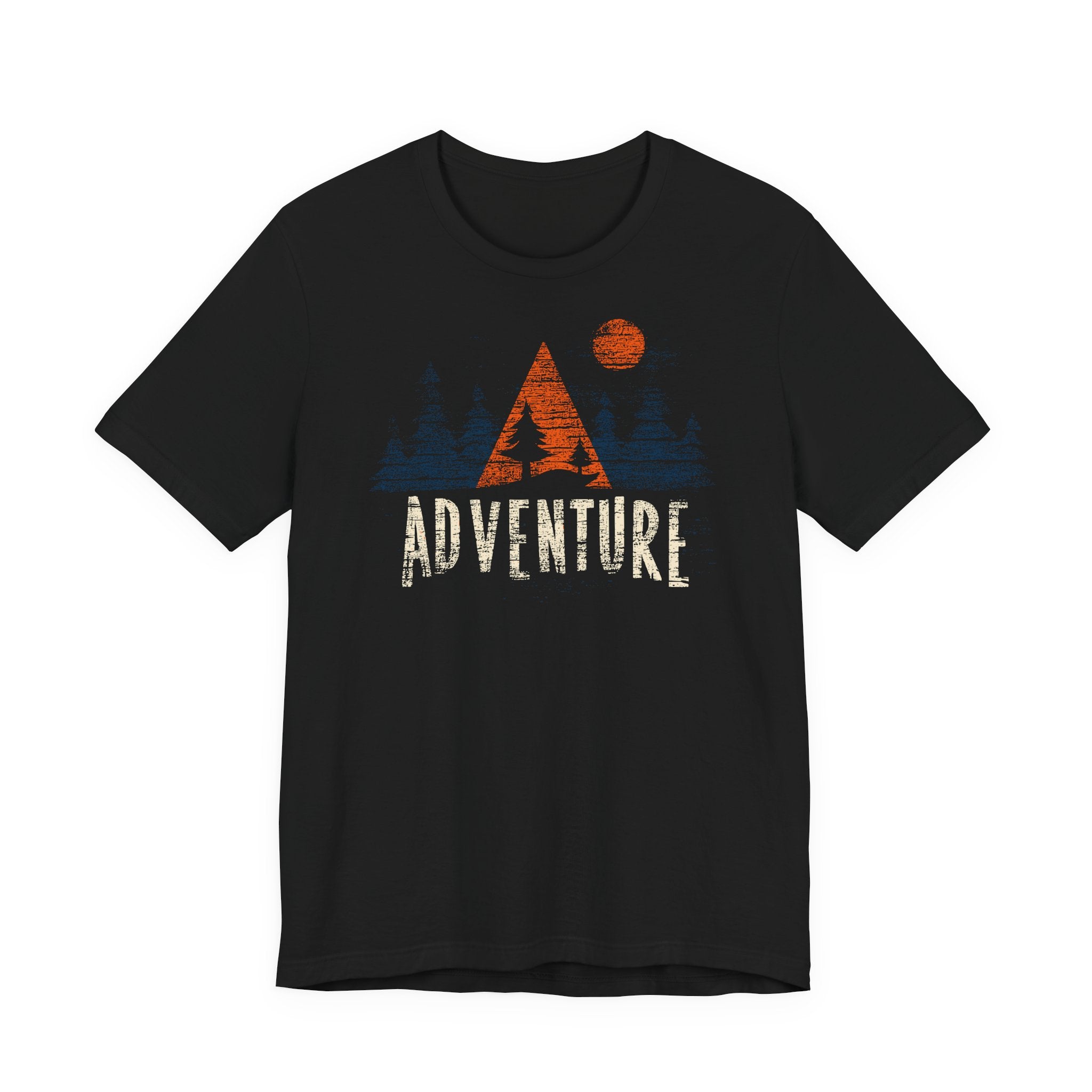 Black t-shirt with 'Adventure' graphic design on a white background