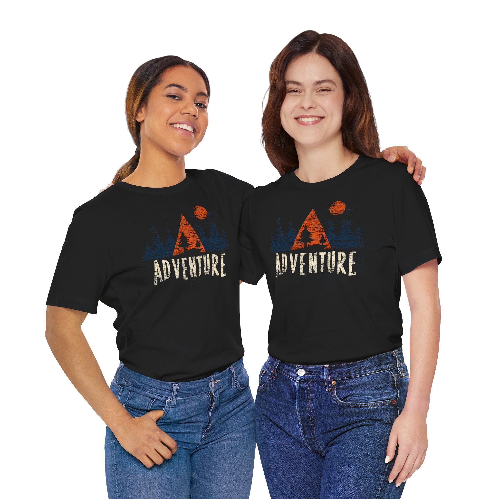 Two people wearing black t-shirts with 'ADVENTURE' printed on them, standing side by side against a white background.