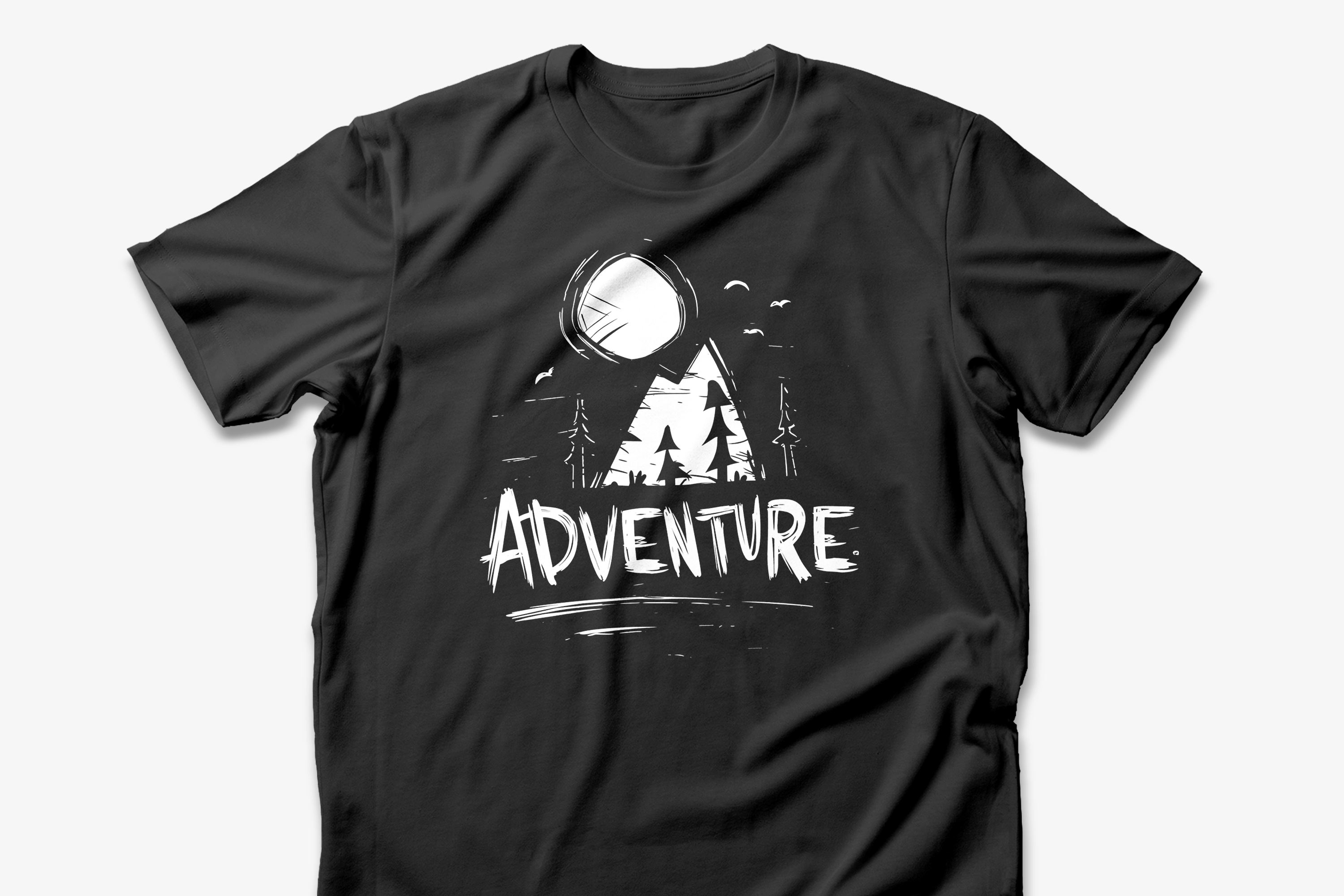 Black t-shirt with a mountain graphic and 'ADVENTURE' text on a white background