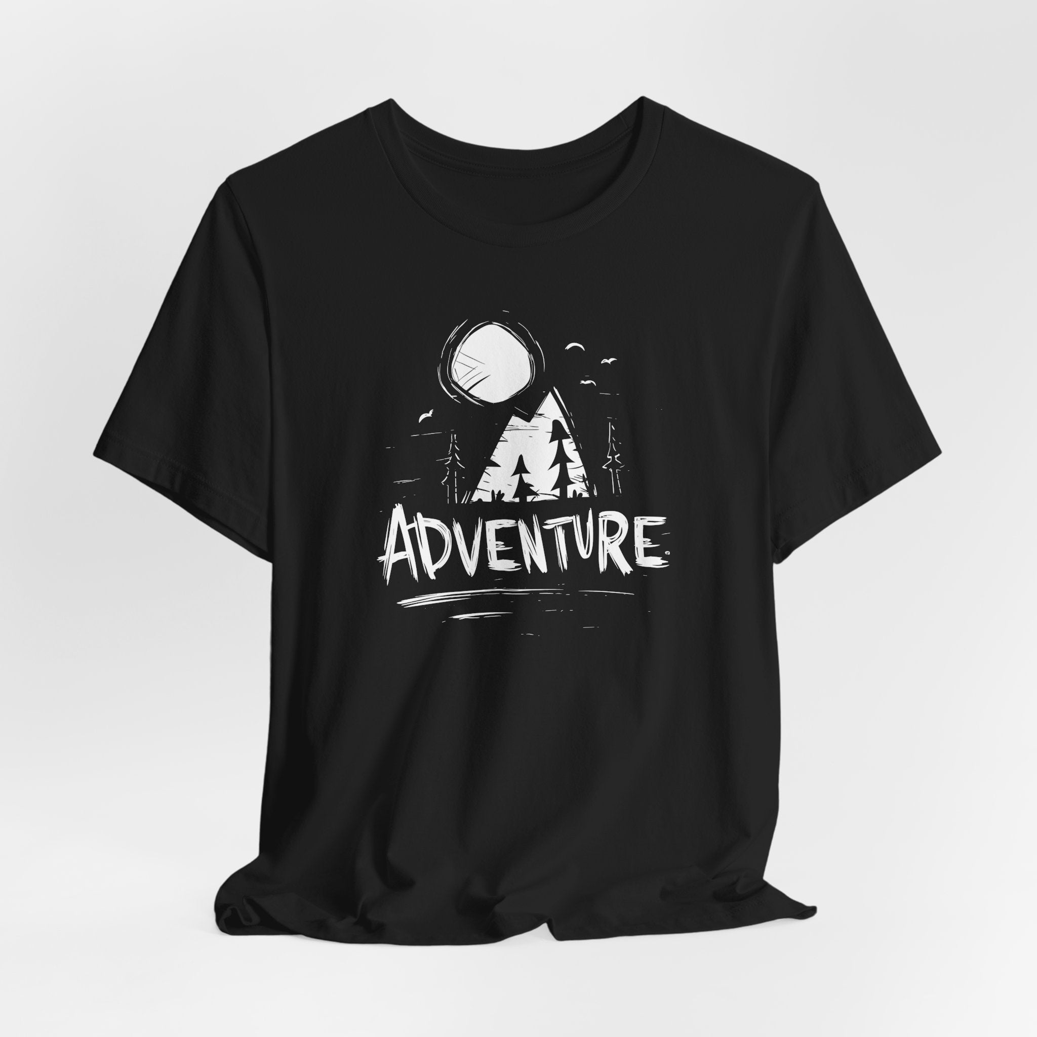 Black t-shirt with 'ADVENTURE' graphic design on a white background