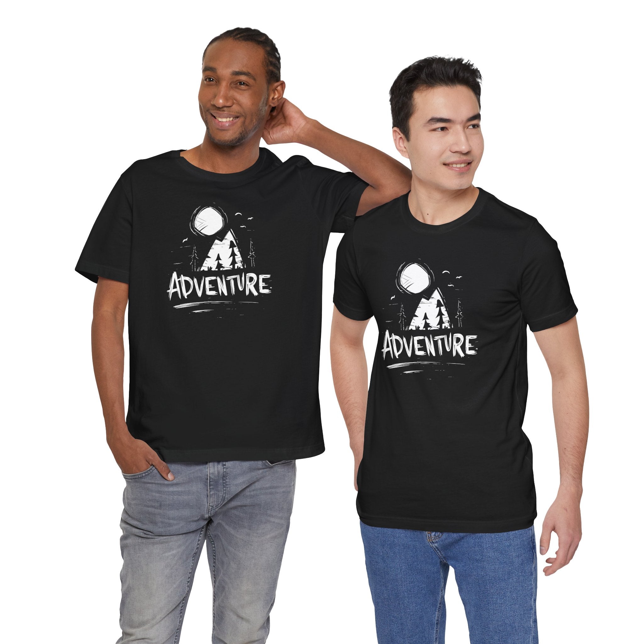 Two people wearing black t-shirts with a bear and mountain graphic and 'ADVENTURE' text.