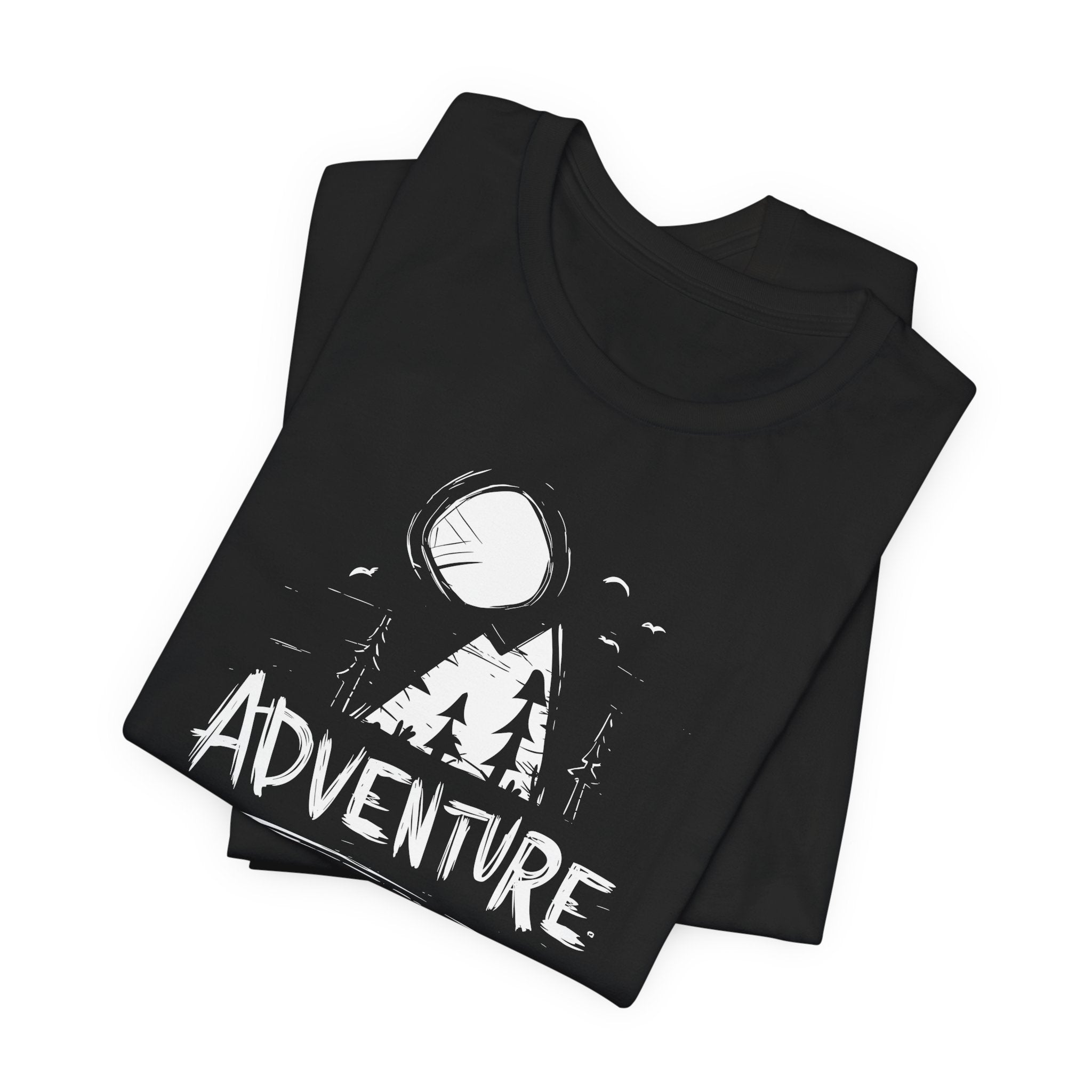 Black t-shirt with white graphic design and 'Adventure' text on a white background