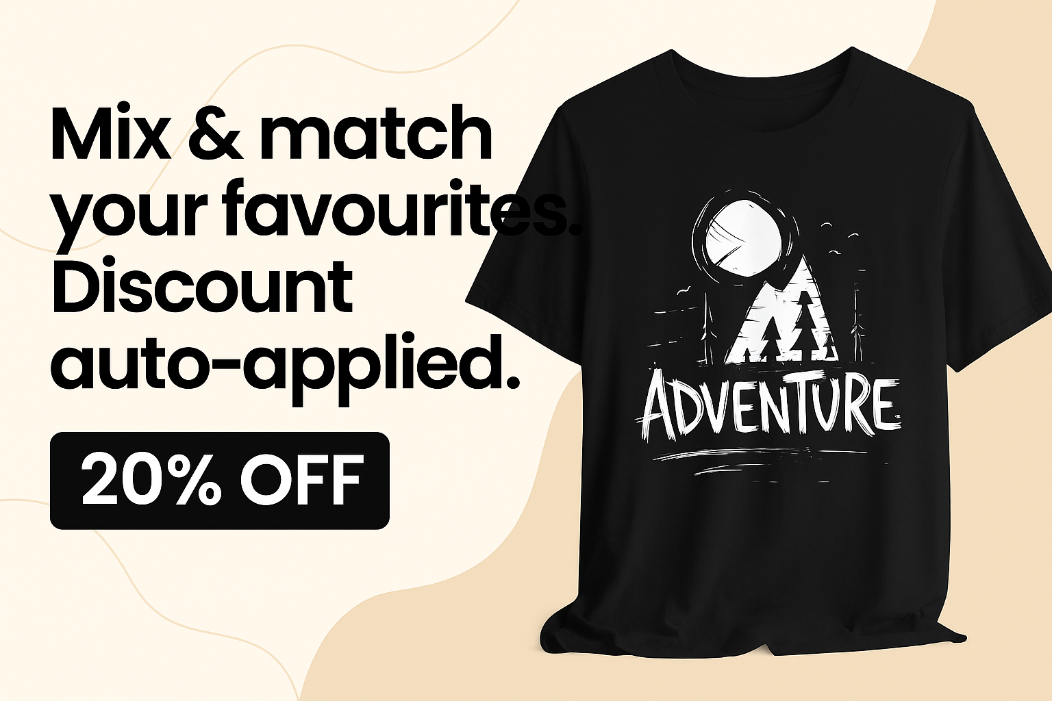Black t-shirt with 'Adventure' design on a beige background, promotional text overlay.
