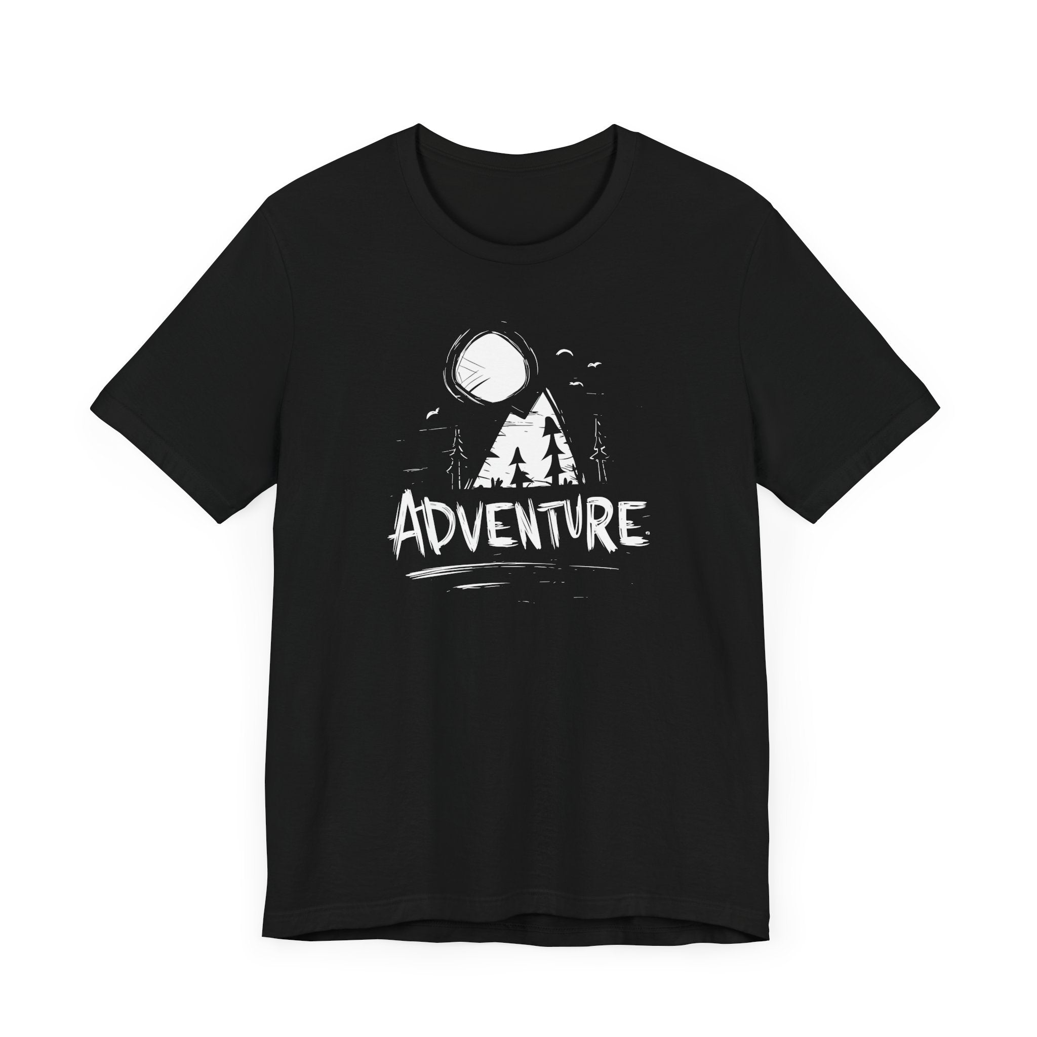 Black t-shirt with white graphic and 'ADVENTURE' text on a white background
