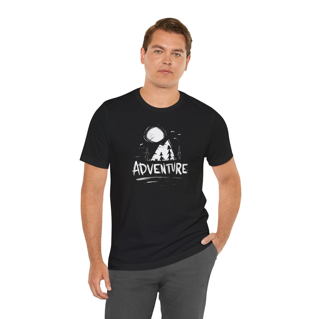 Man wearing a black t-shirt with a white graphic and text on a white background