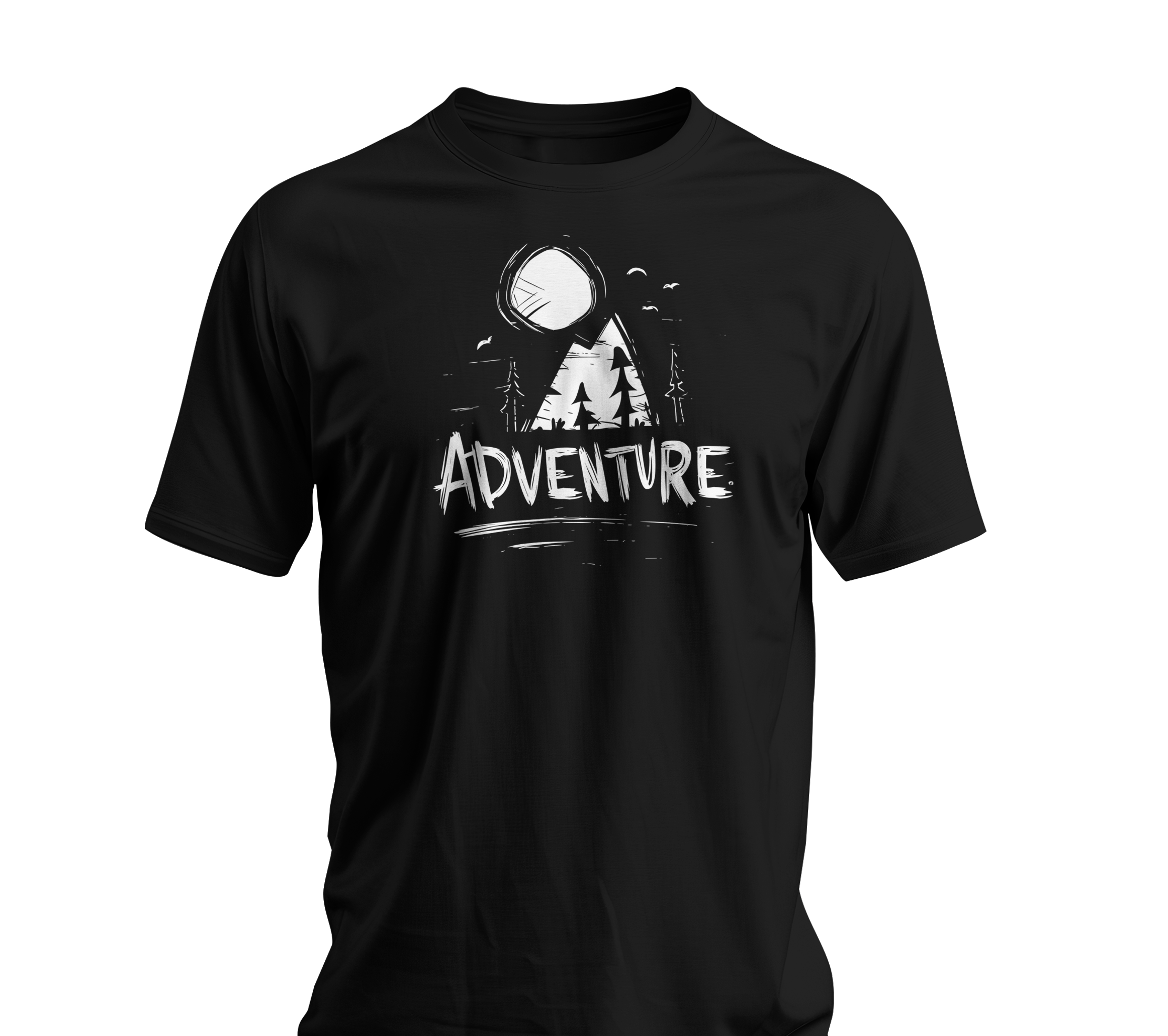 Black t-shirt with white graphic design and 'ADVENTURE' text on a white background