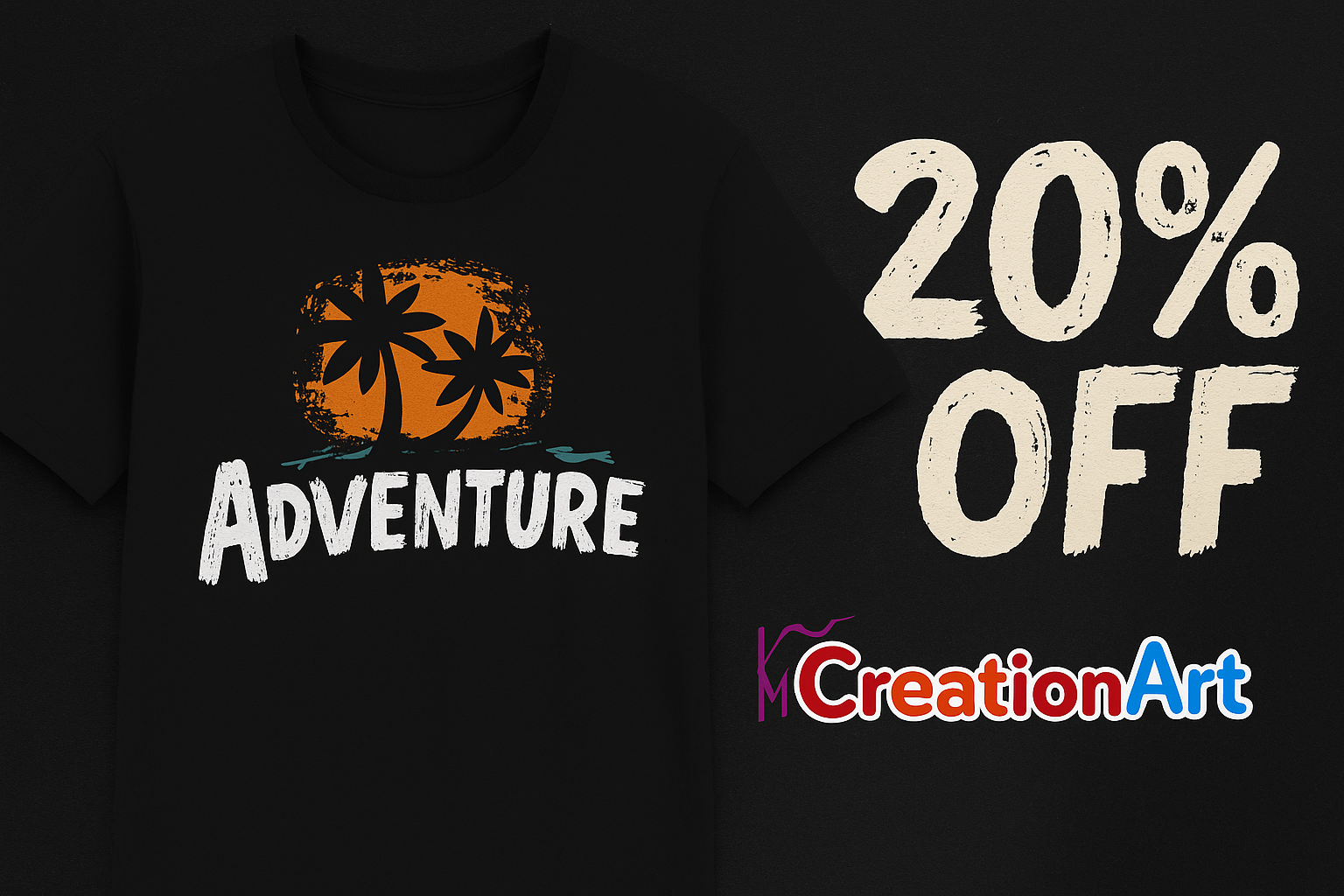 Black t-shirt with 'Adventure' design and '20% Off' offer on a dark background