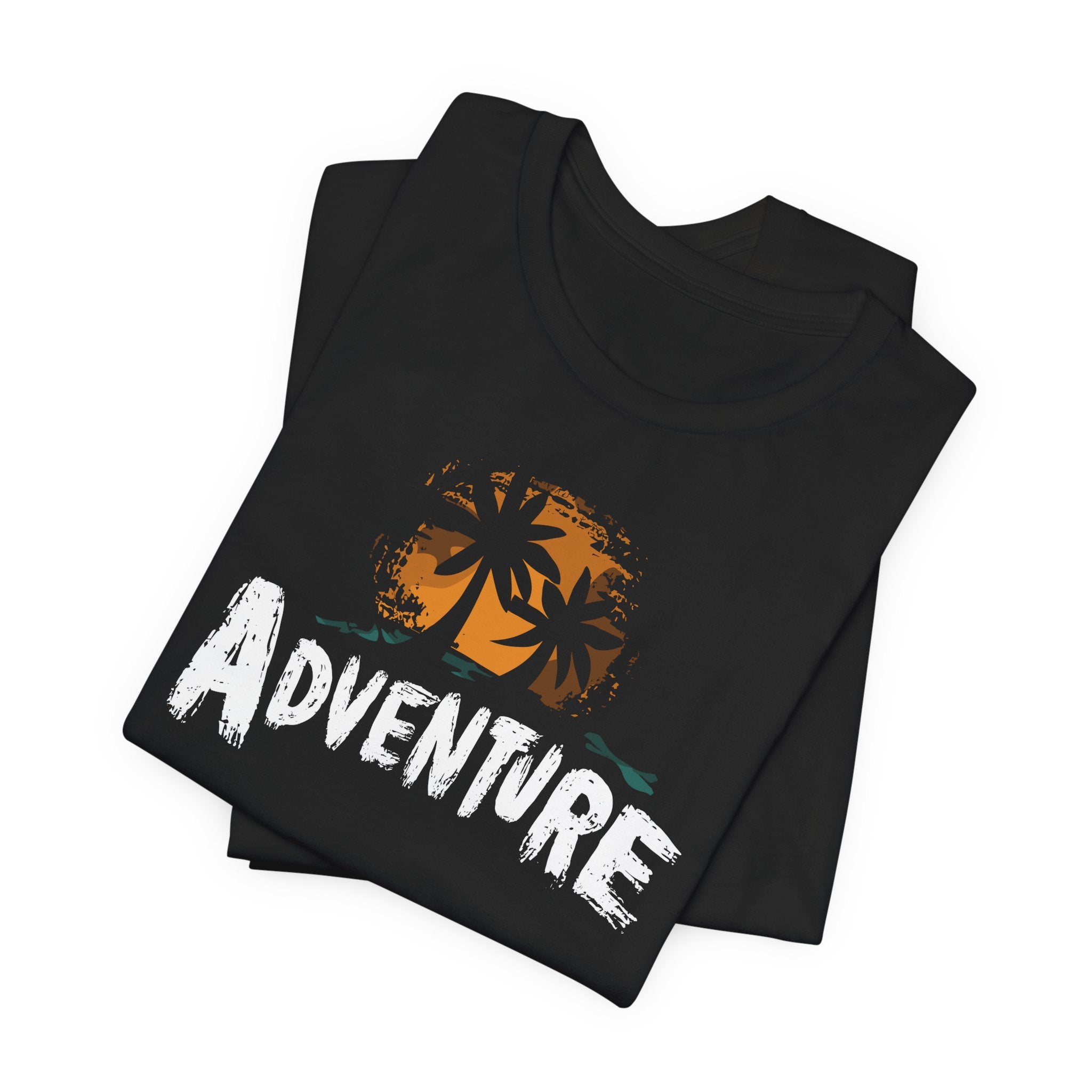 Black t-shirt with 'Adventure' and palm tree design on a white background