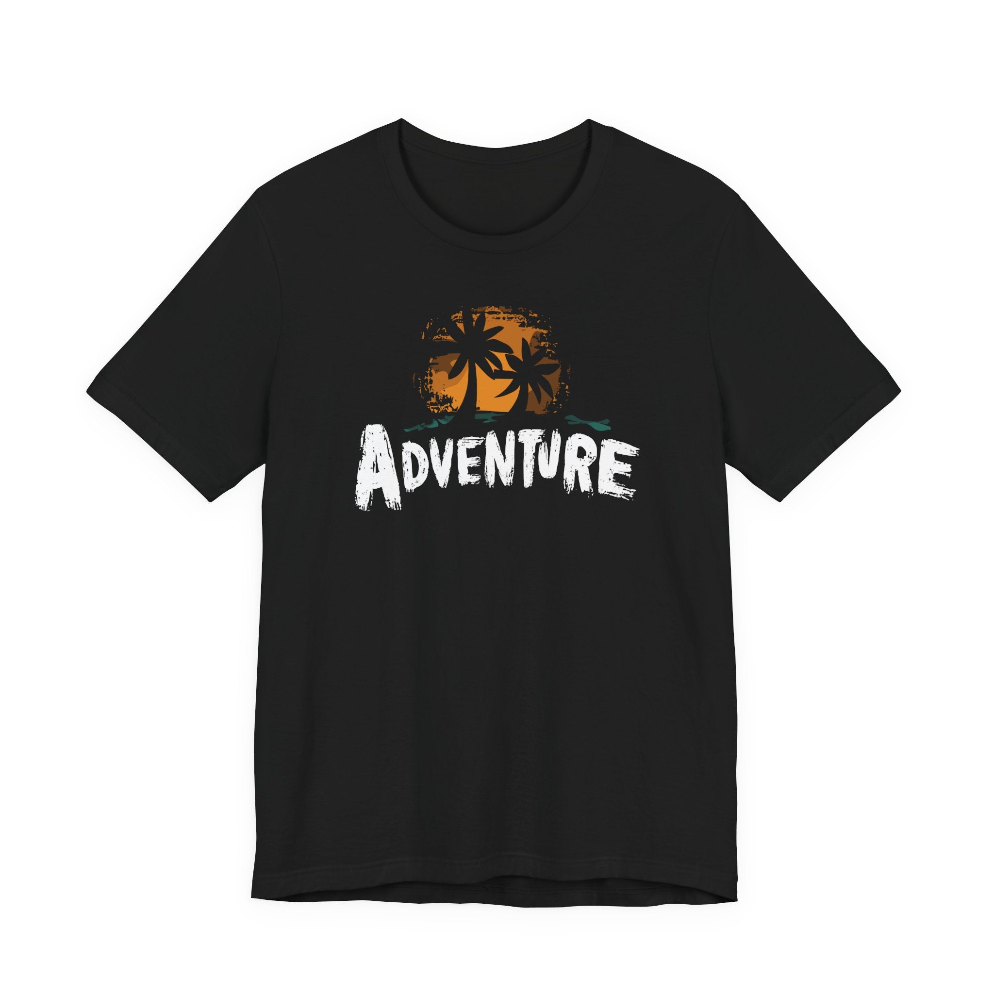 Black t-shirt with 'Adventure' text and palm tree design on a white background