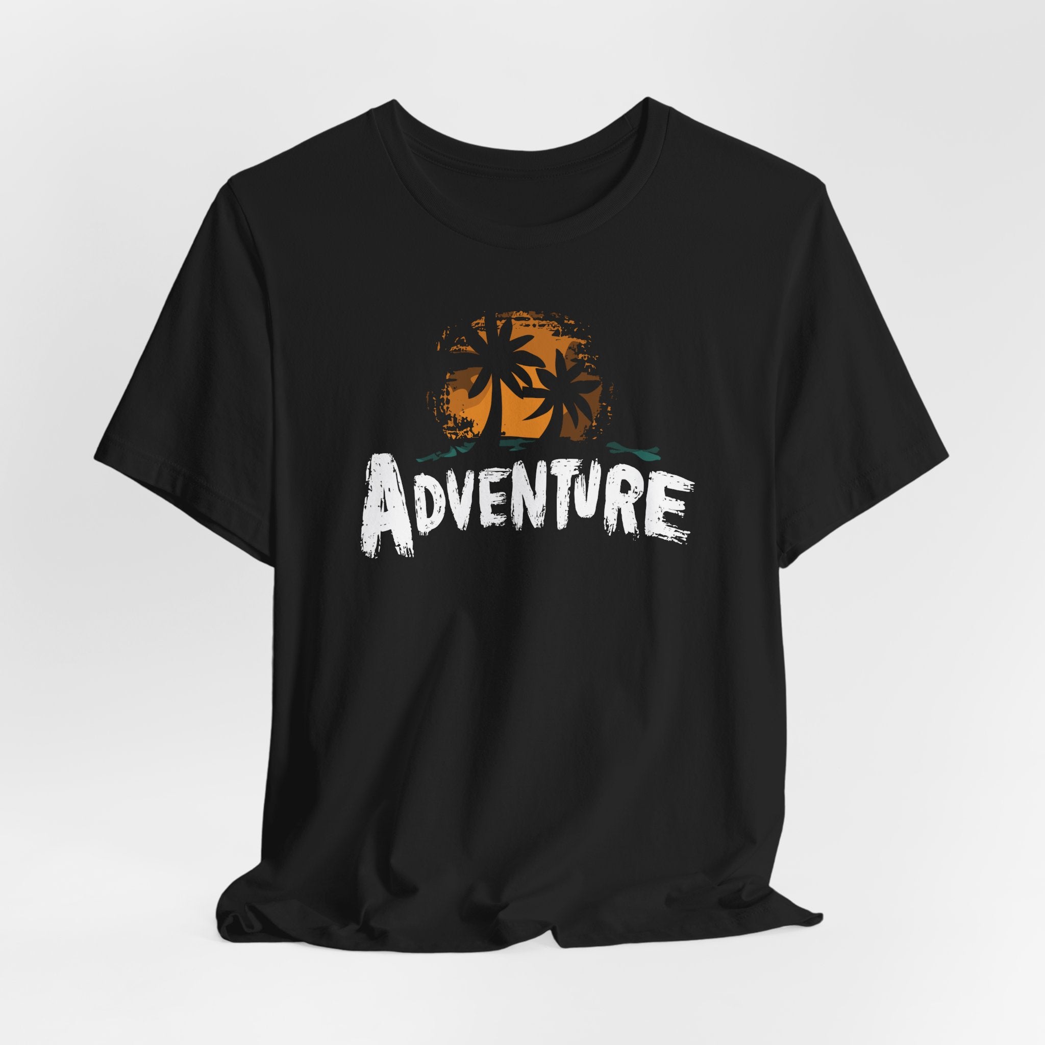 Black t-shirt with 'Adventure' text and palm tree design on a white background