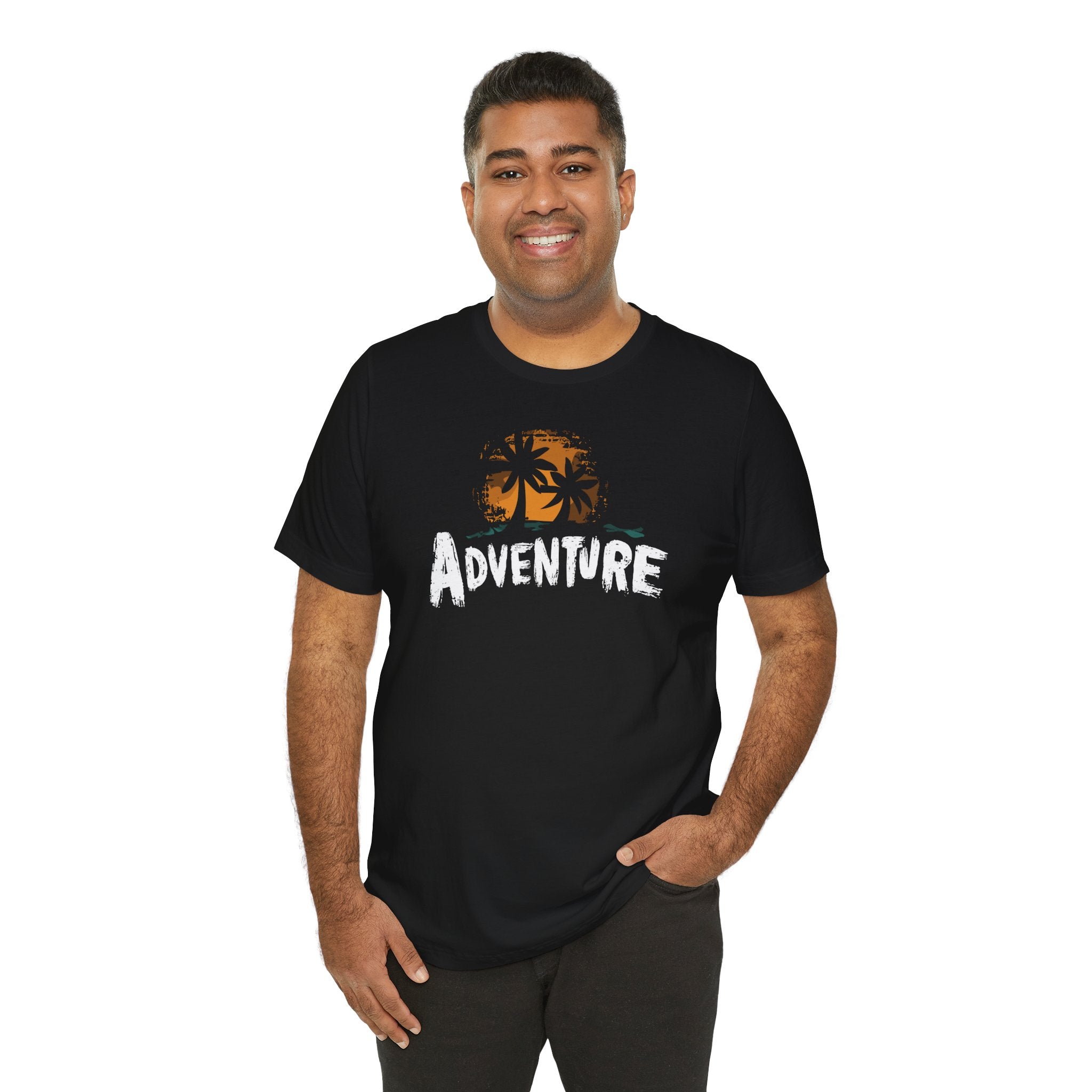 Man wearing a black t-shirt with 'Adventure' and palm tree design on a white background