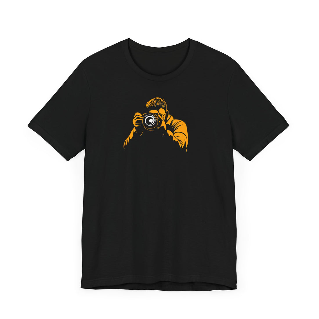A black crew neck t-shirt with a bold yellow graphic of a photographer holding a camera.