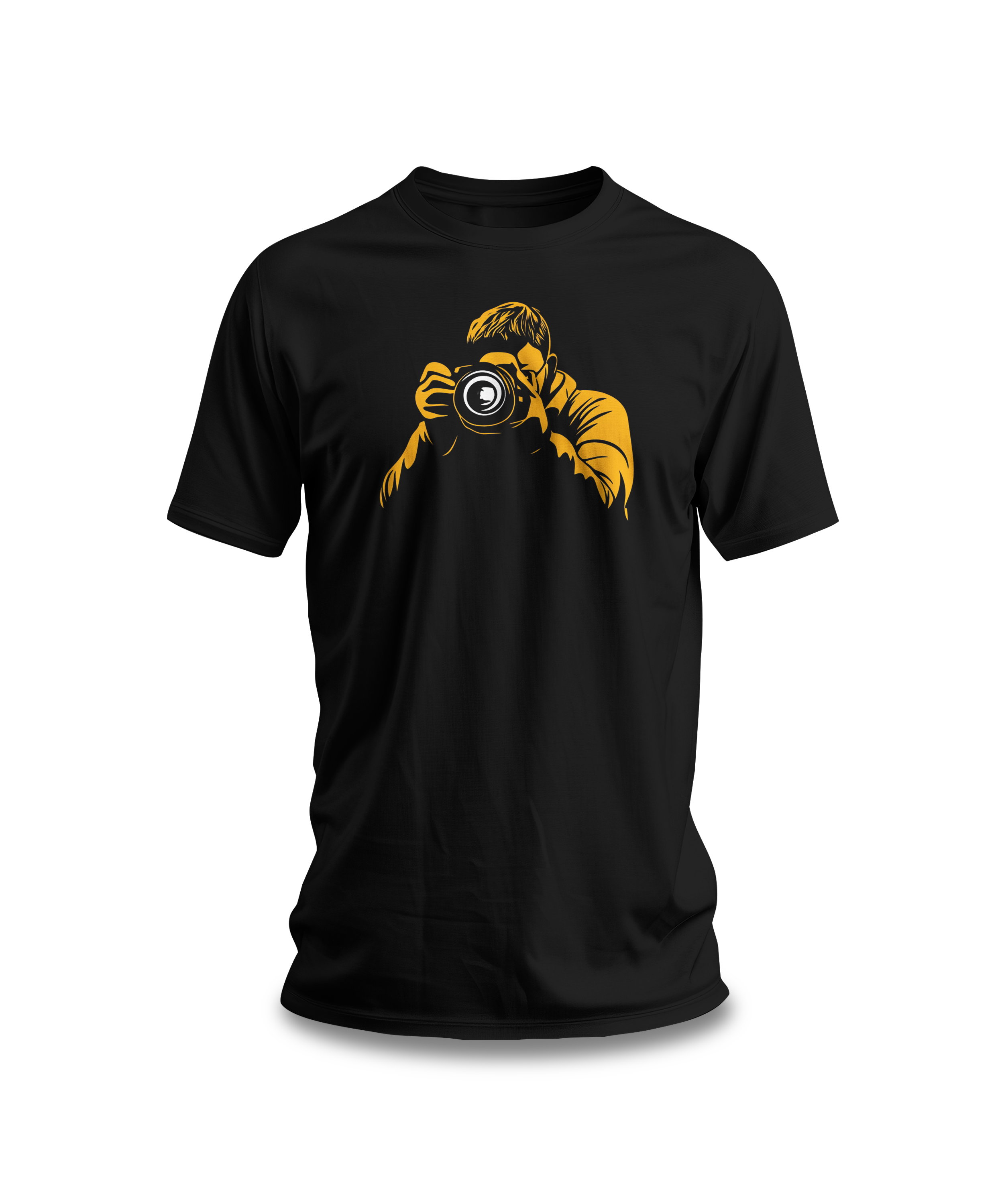 A black crew neck t-shirt with a bold yellow graphic of a photographer holding a camera.