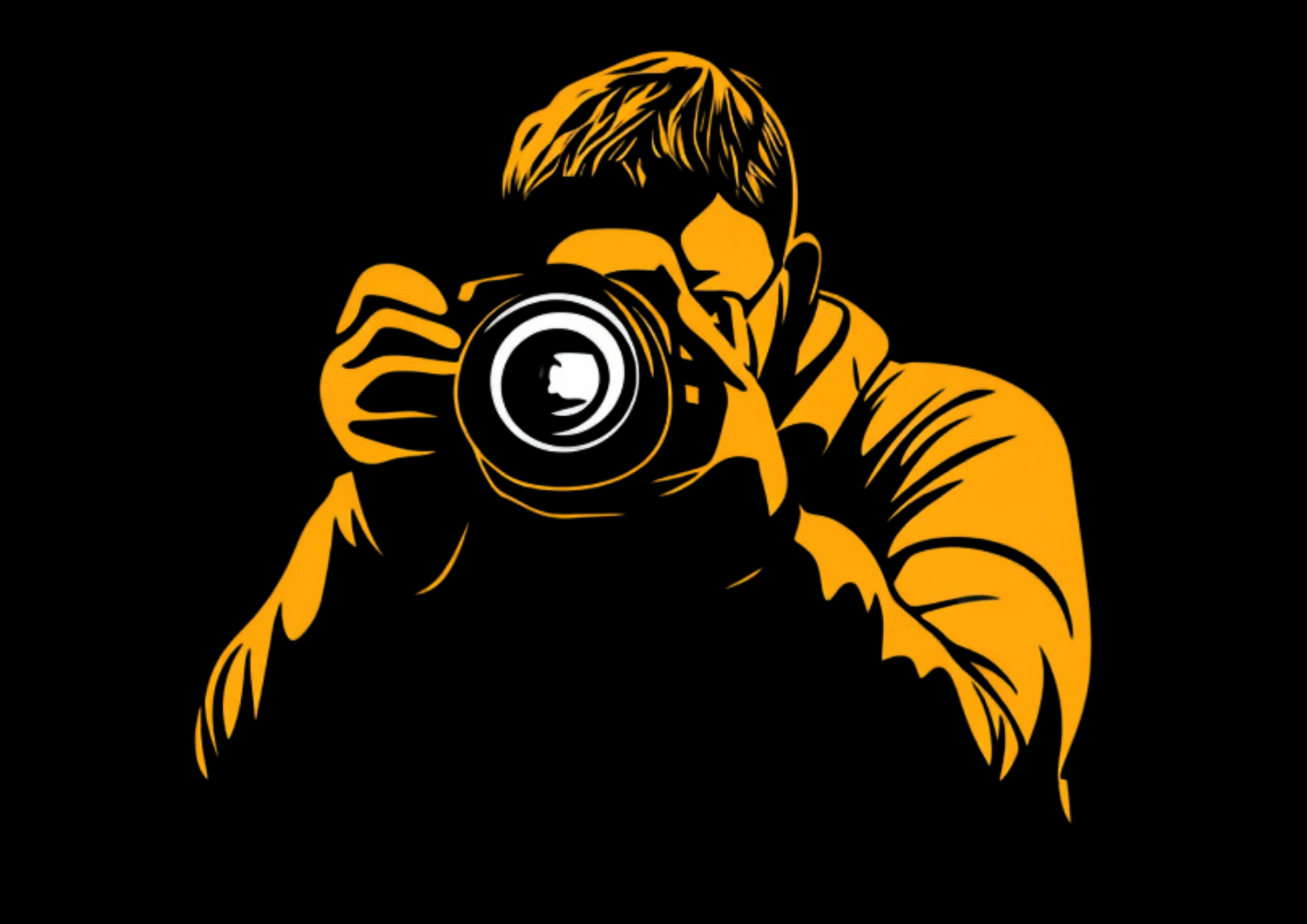 A black crew neck t-shirt with a bold yellow graphic of a photographer holding a camera.