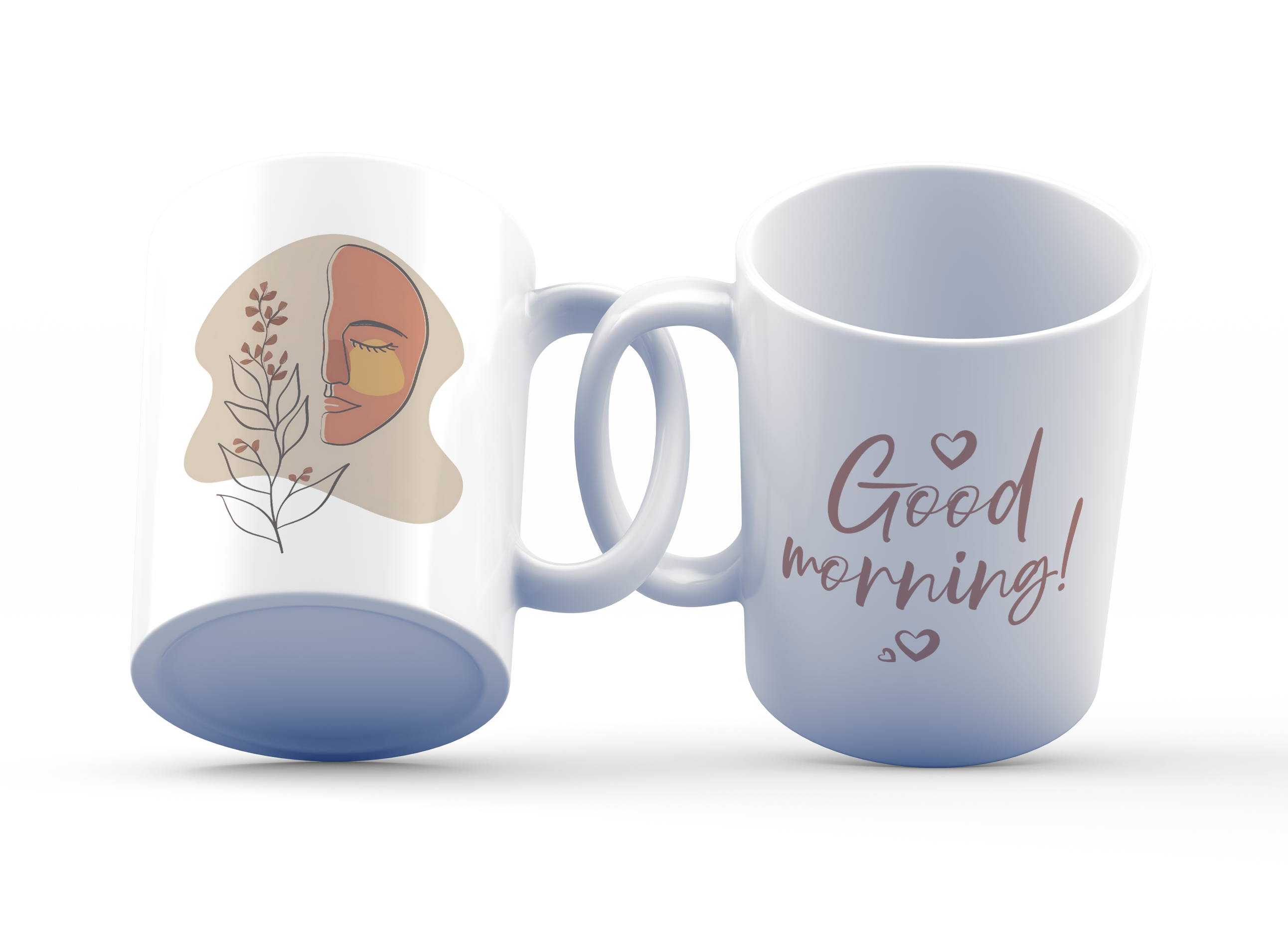 An 11 oz ceramic mug featuring a minimalist female silhouette with botanical accents and the text 'Good Morning'. The mug is displayed in two angles, one showing the handle and the other showcasing the design and the text.