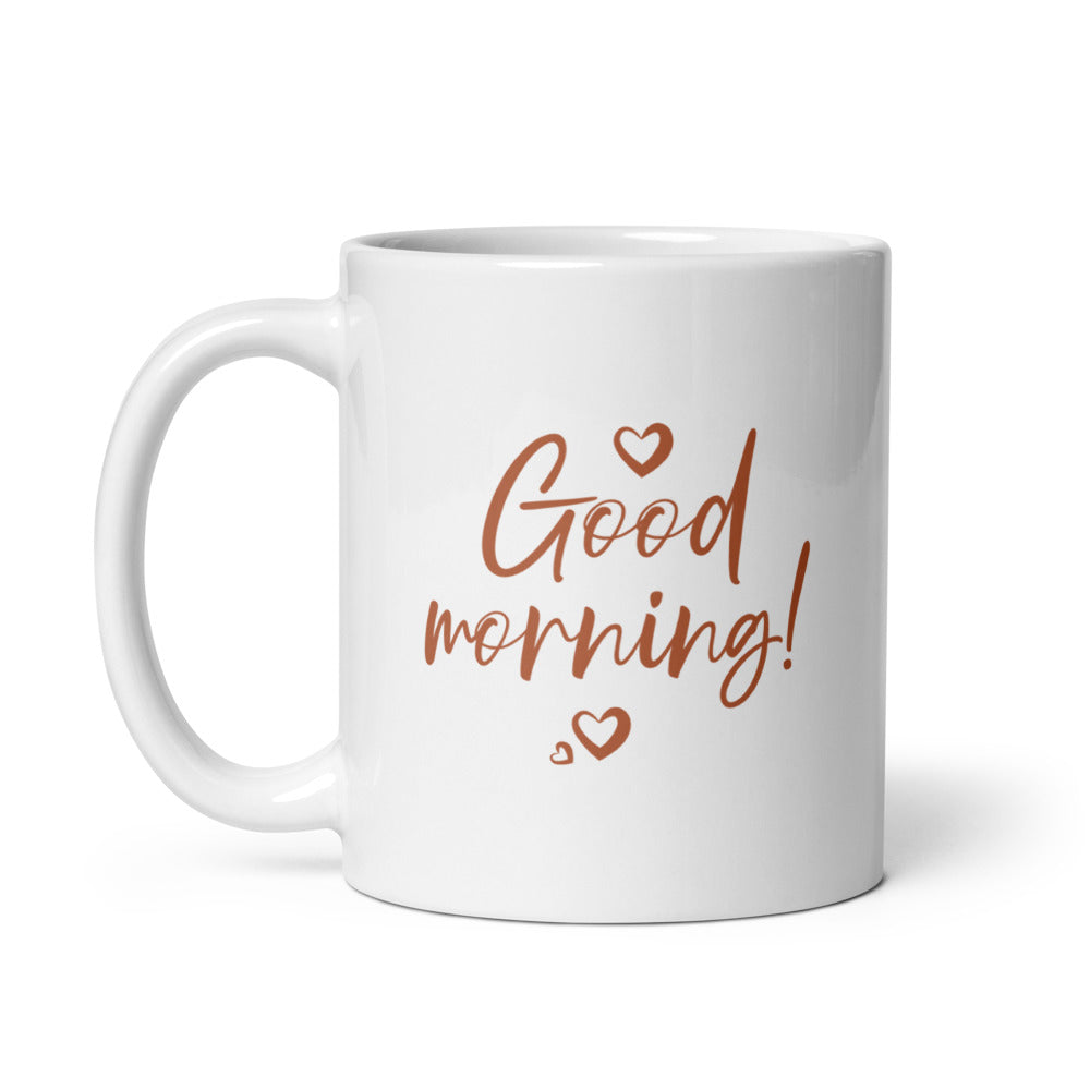 Aesthetic Good Morning mug 11oz with boho face line art design, a perfect ceramic coffee cup gift for her.