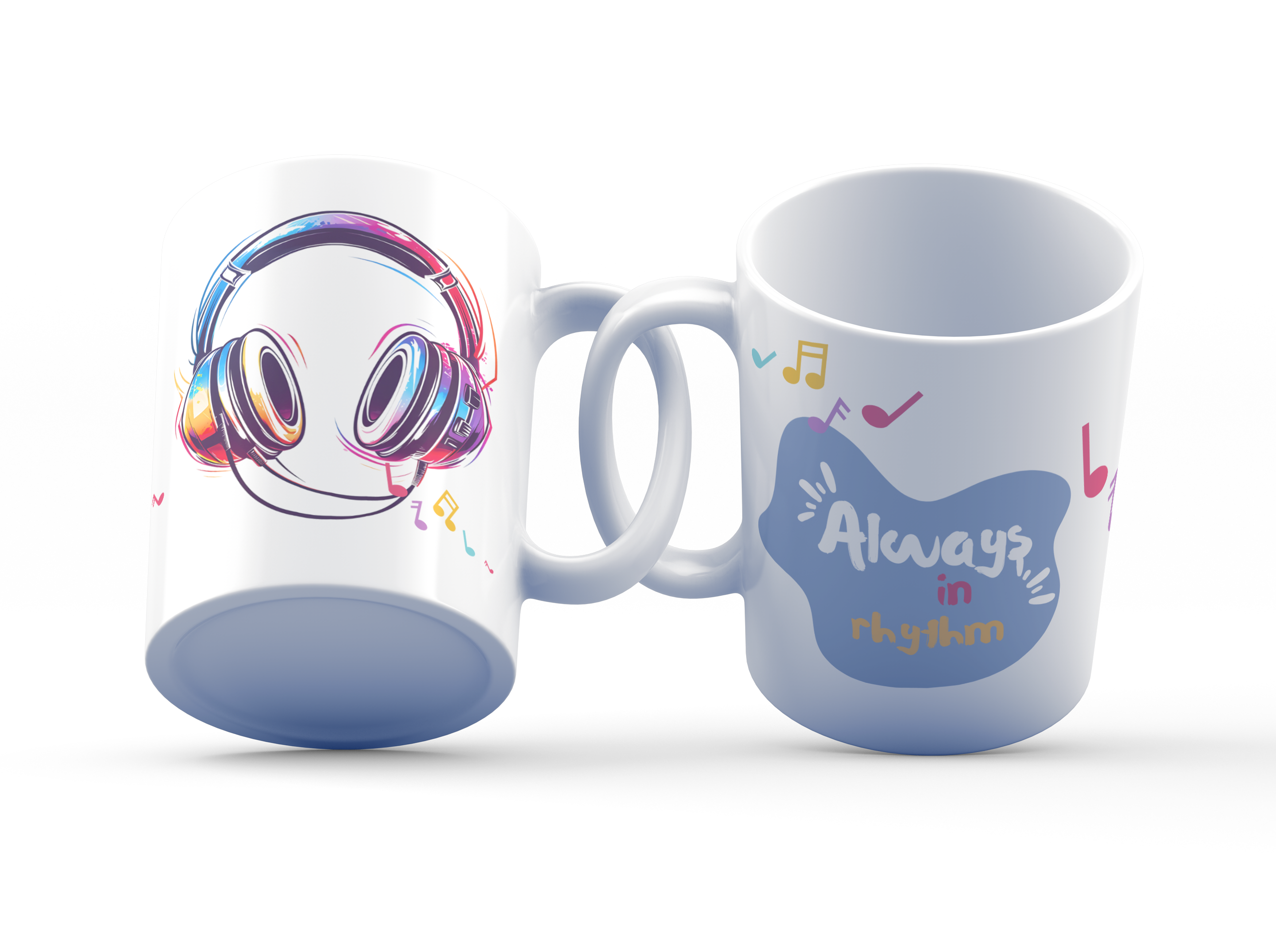 A white ceramic mug with a vibrant illustration of colorful headphones on one side and the text 'Always in Rhythm' on the other.