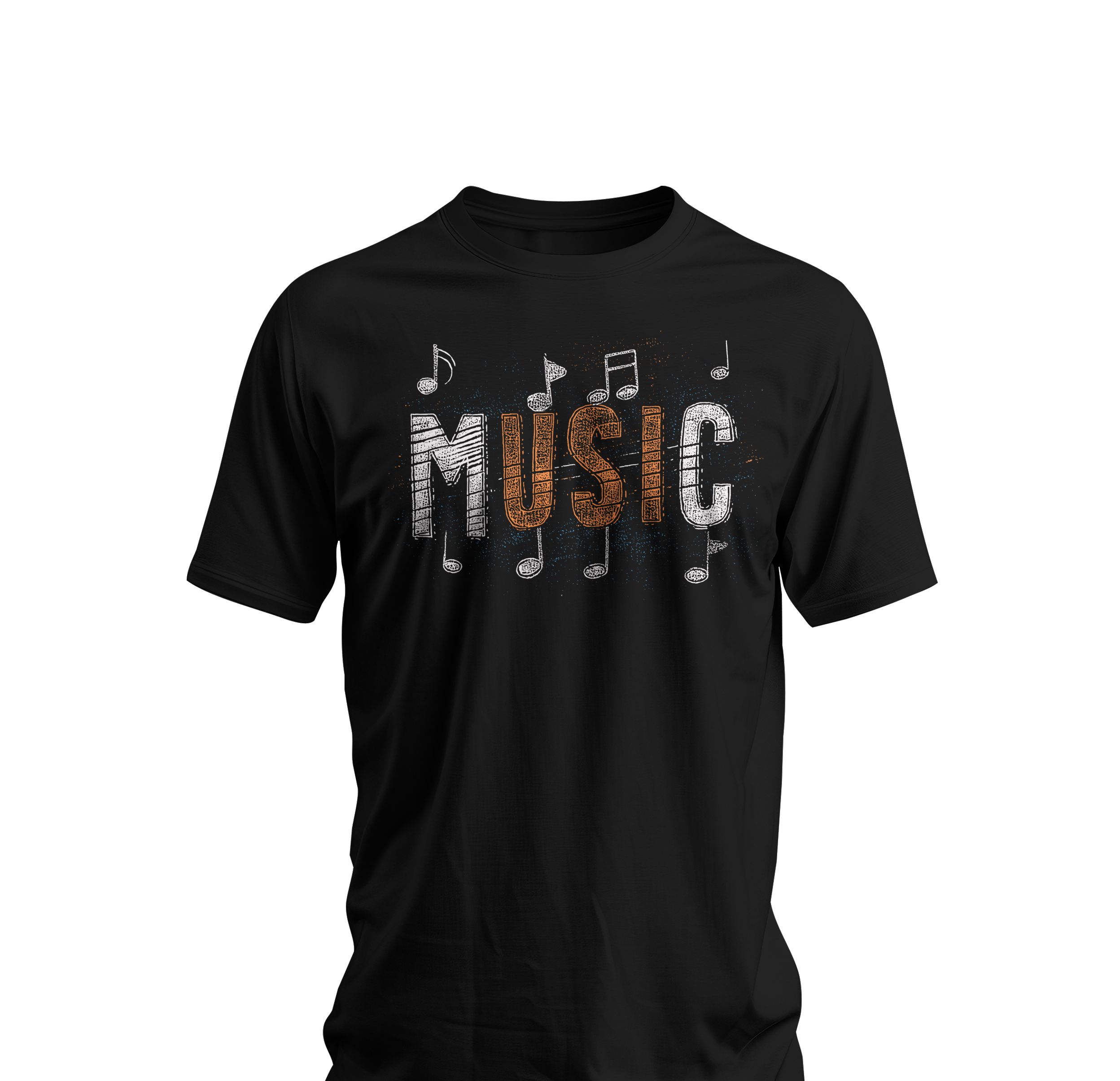 Black t-shirt with 'MUSIC' text and musical notes on a white background