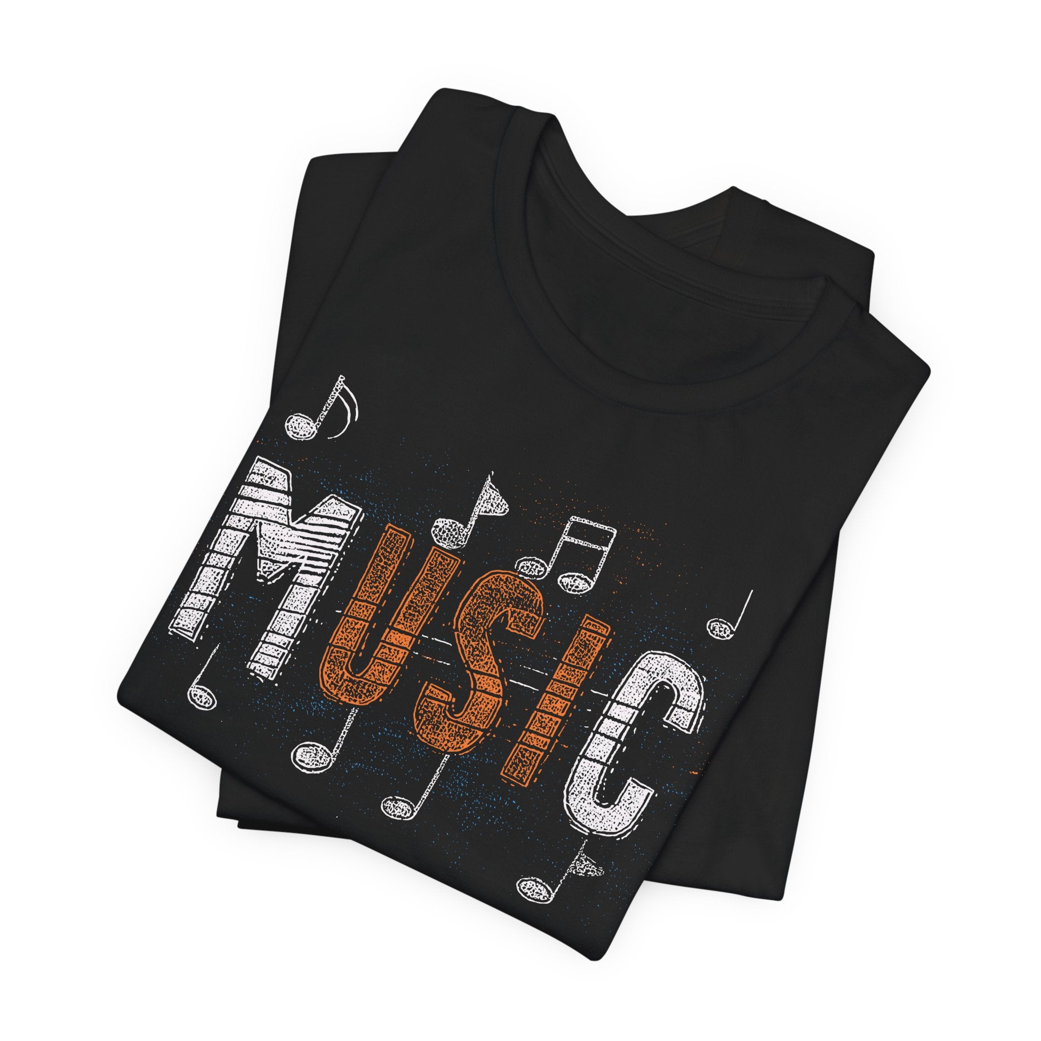 Black t-shirt with 'Music' design on a white background