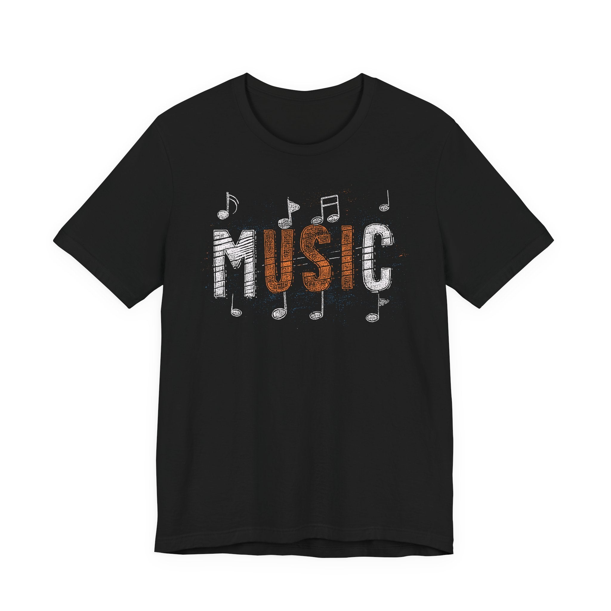 Black t-shirt with 'MUSIC' text and musical notes on a white background