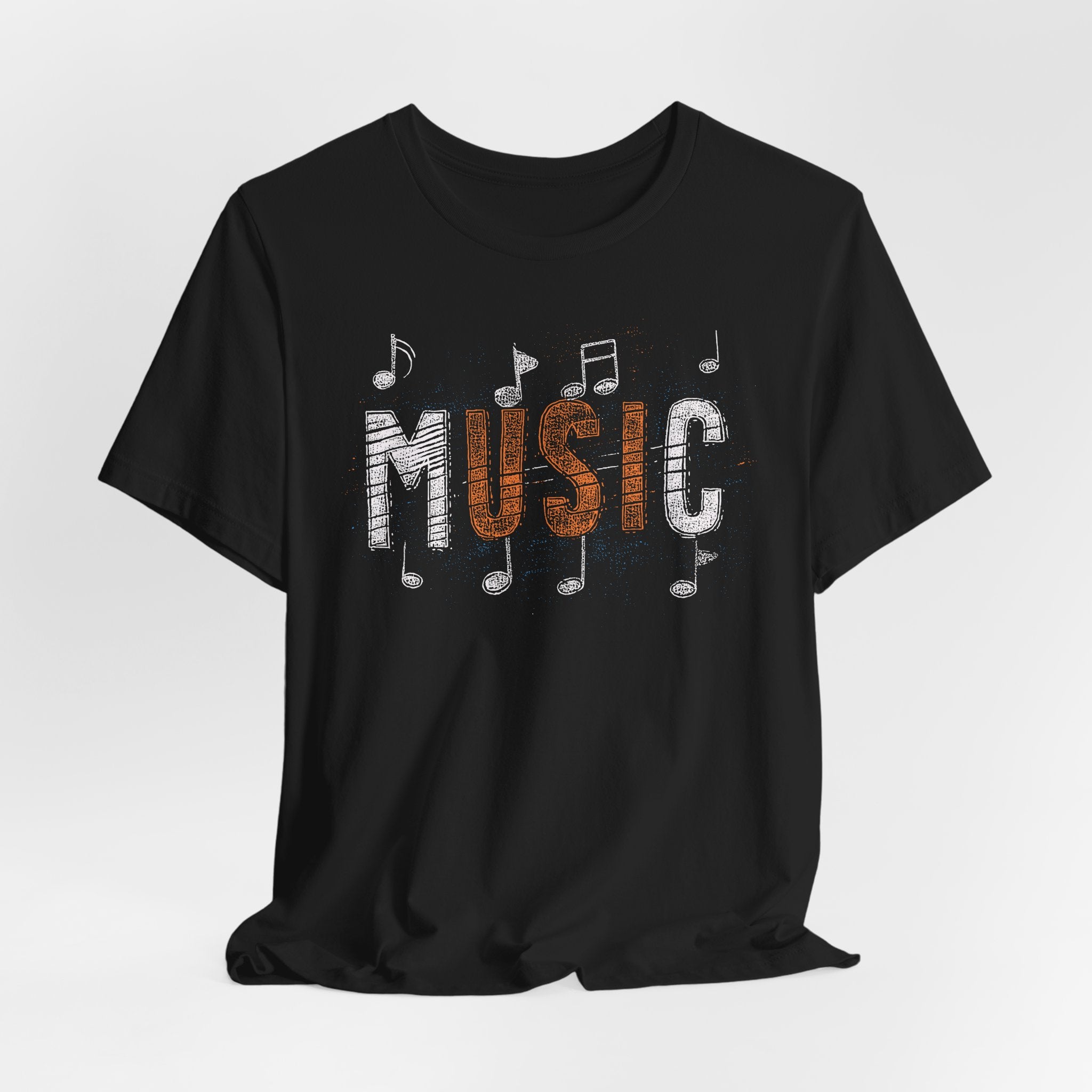 Black t-shirt with 'MUSIC' text and musical notes on a white background