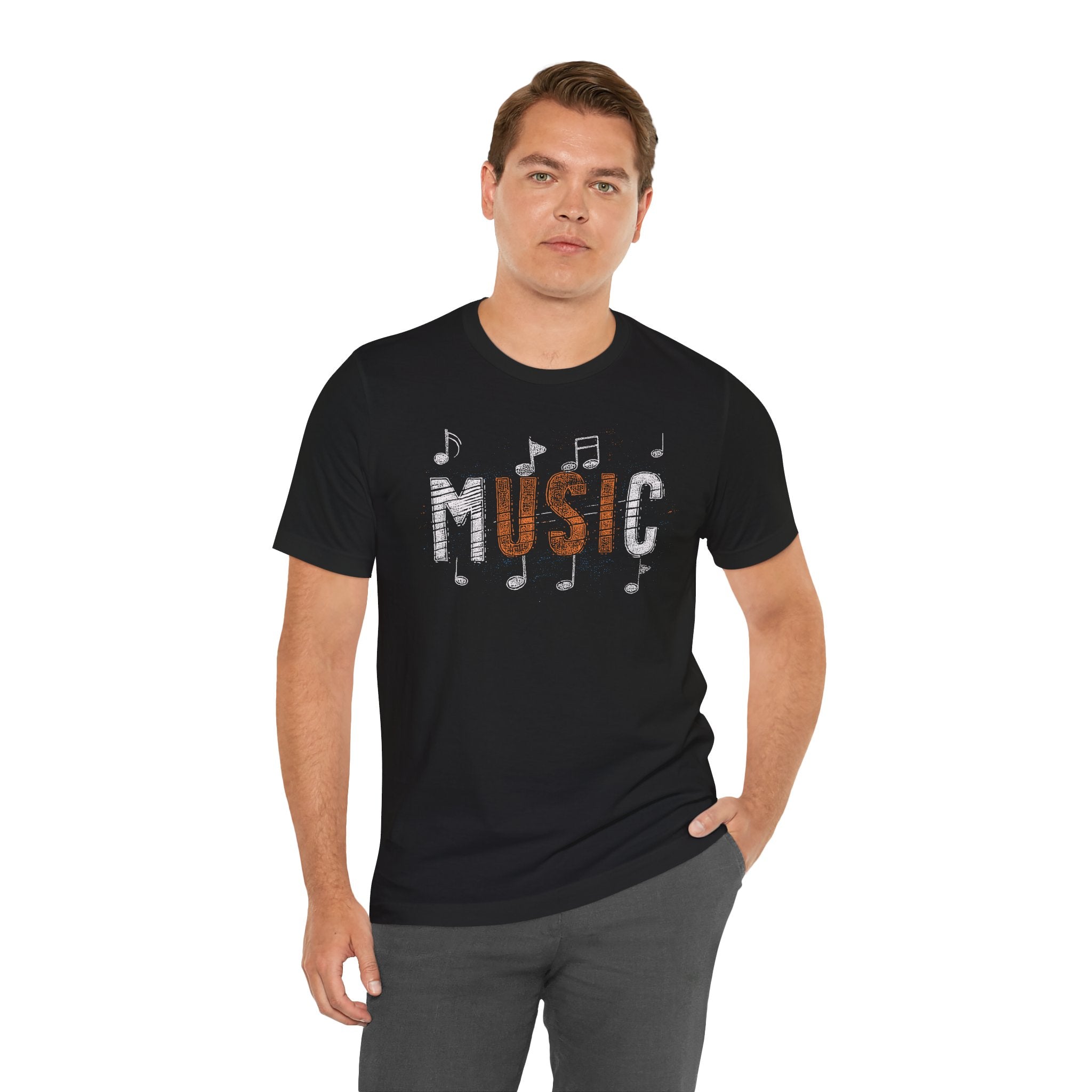 Man wearing a black t-shirt with 'MUSIC' and musical notes design on a white background
