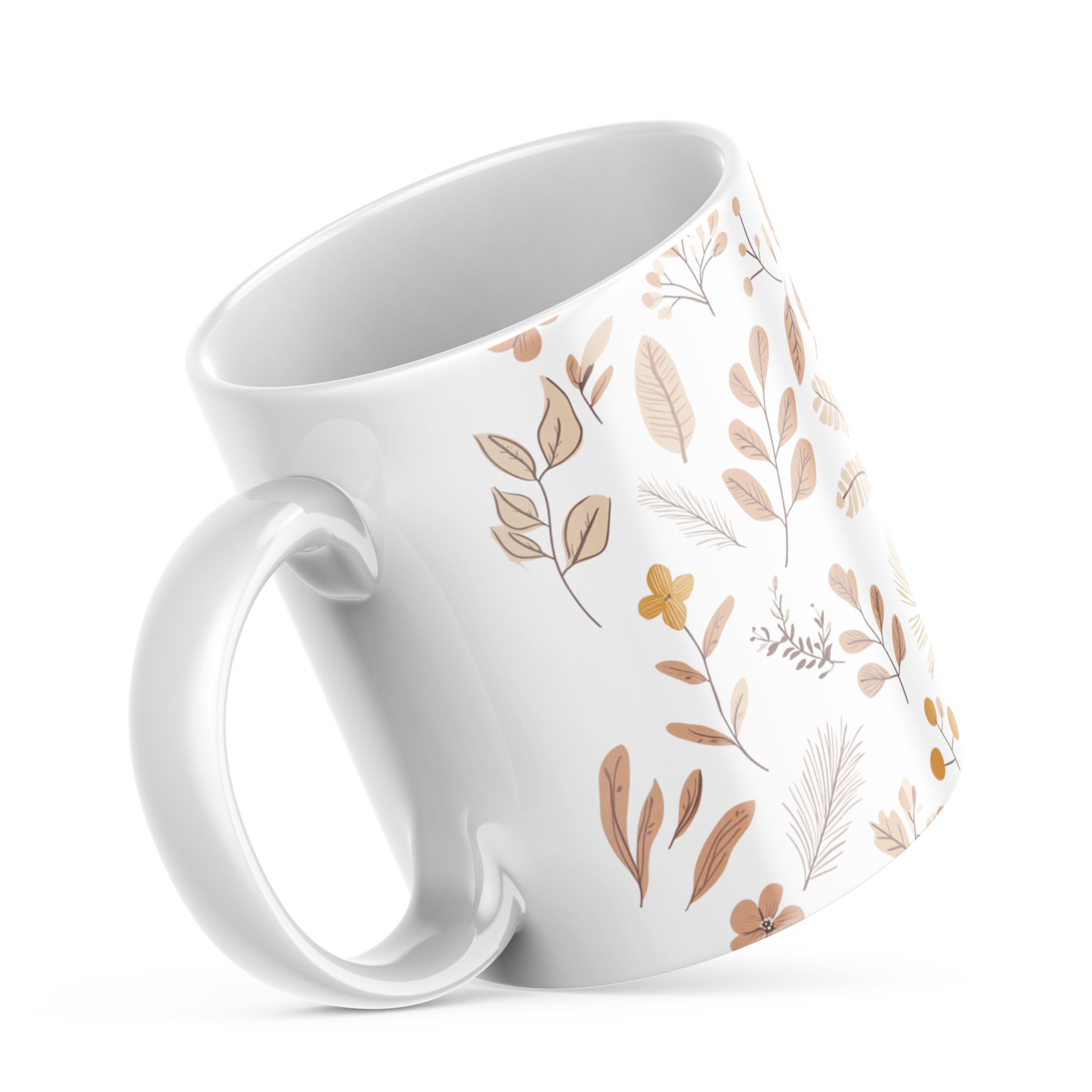 Mug handle with autumn botanical design, 11oz ceramic mug