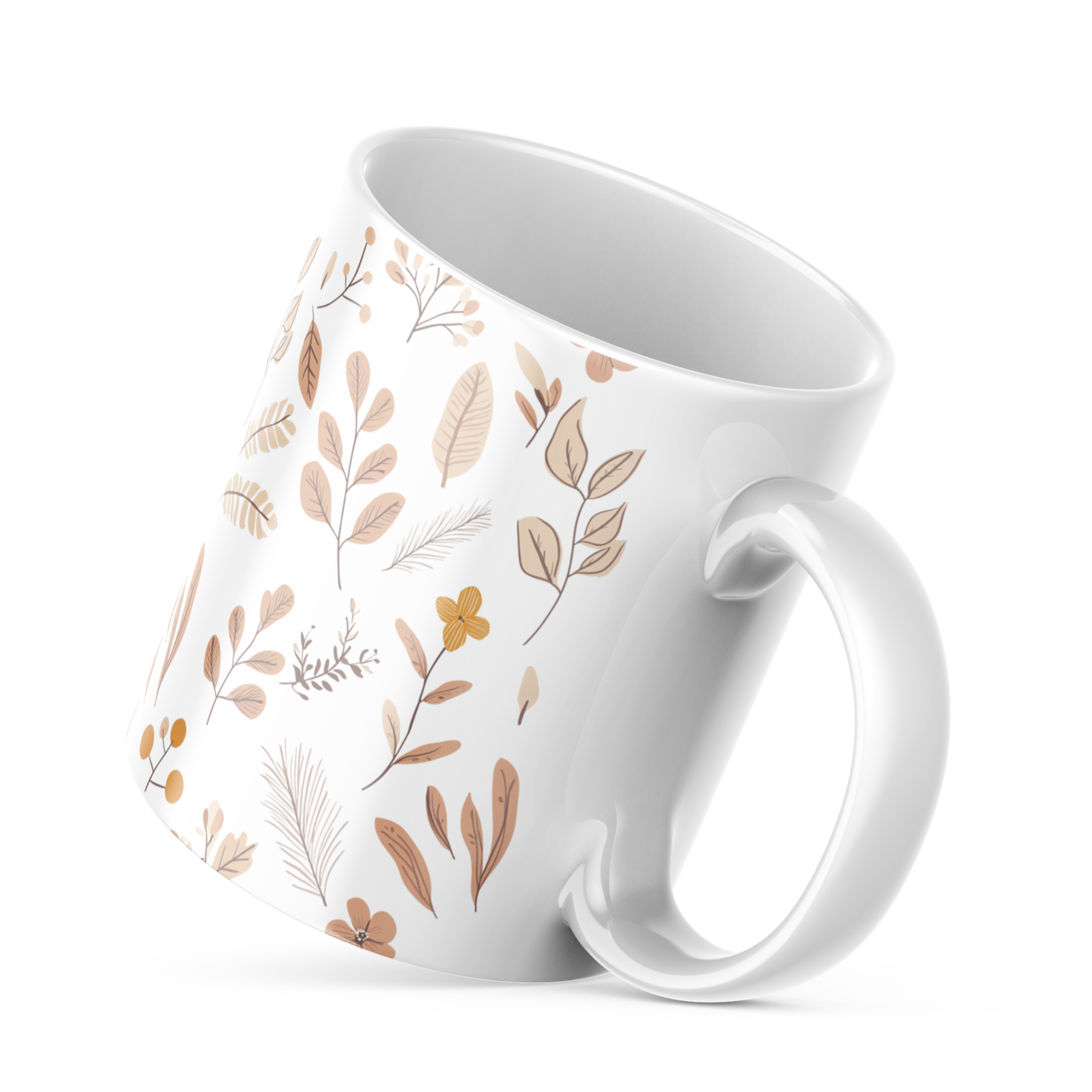 Side view, autumn leaves mug, cosy fall drinkware