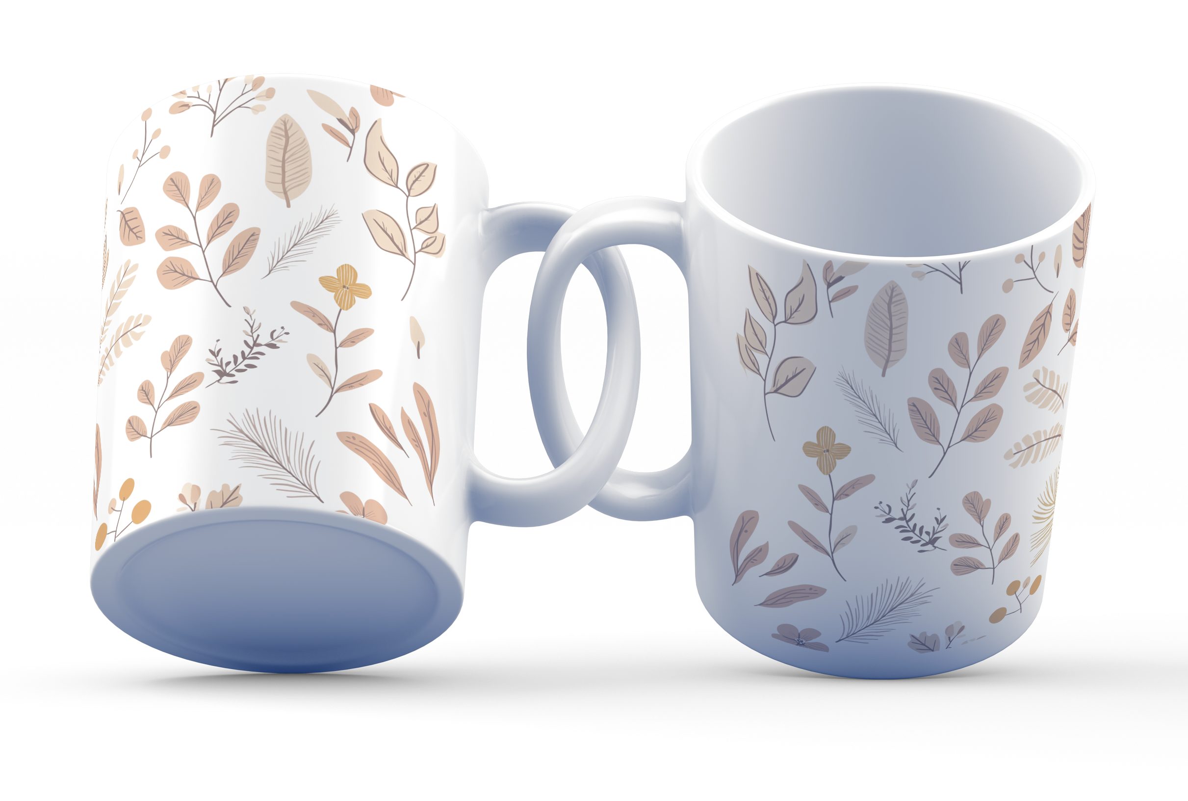 A white ceramic coffee cup with a delicate leaf and flower pattern on both sides, displayed against a plain background.