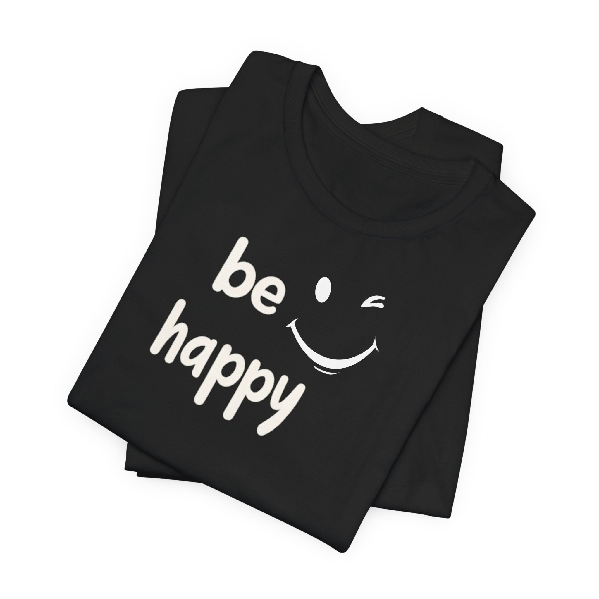 A black crew neck t-shirt with the text 'BE HAPPY' and a smiley face design on the front.